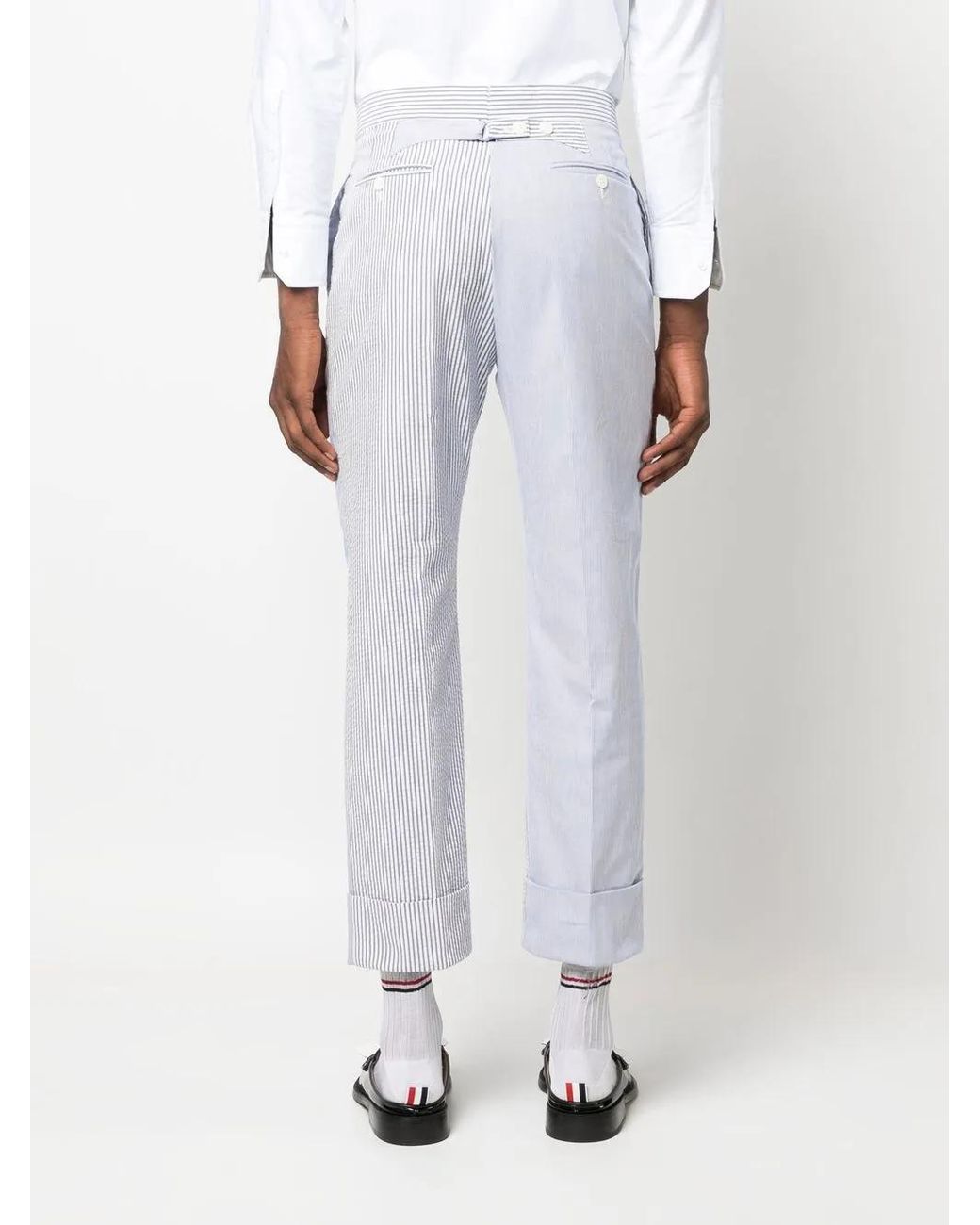 Thom Browne Blue Cropped Seersucker Trousers for men