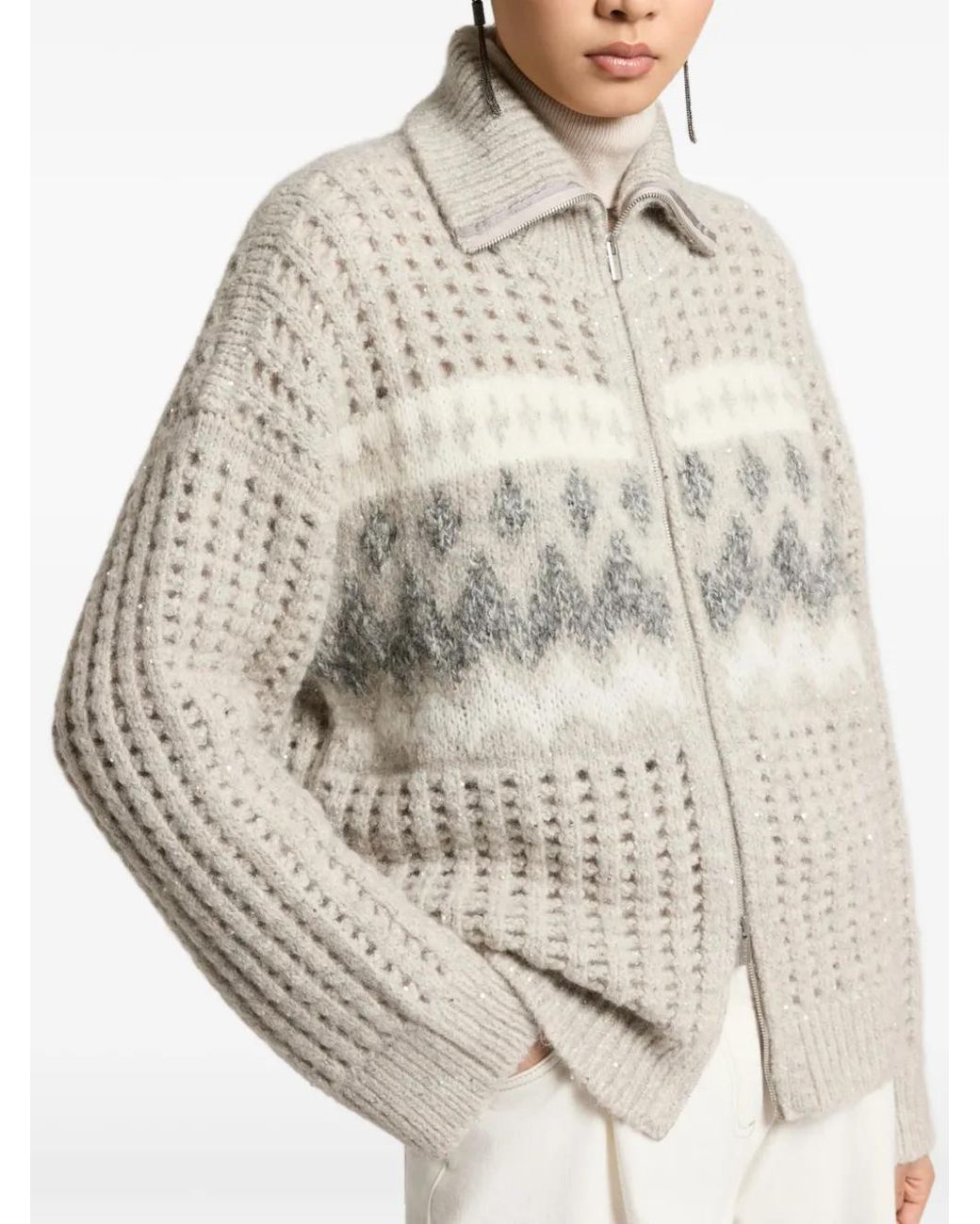 Peserico White Sequin-Embellished Jacquard-Knit Cardigan