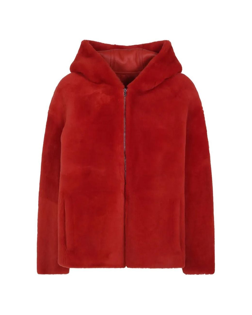 Yves Salomon Red Hooded Shearling Jacket