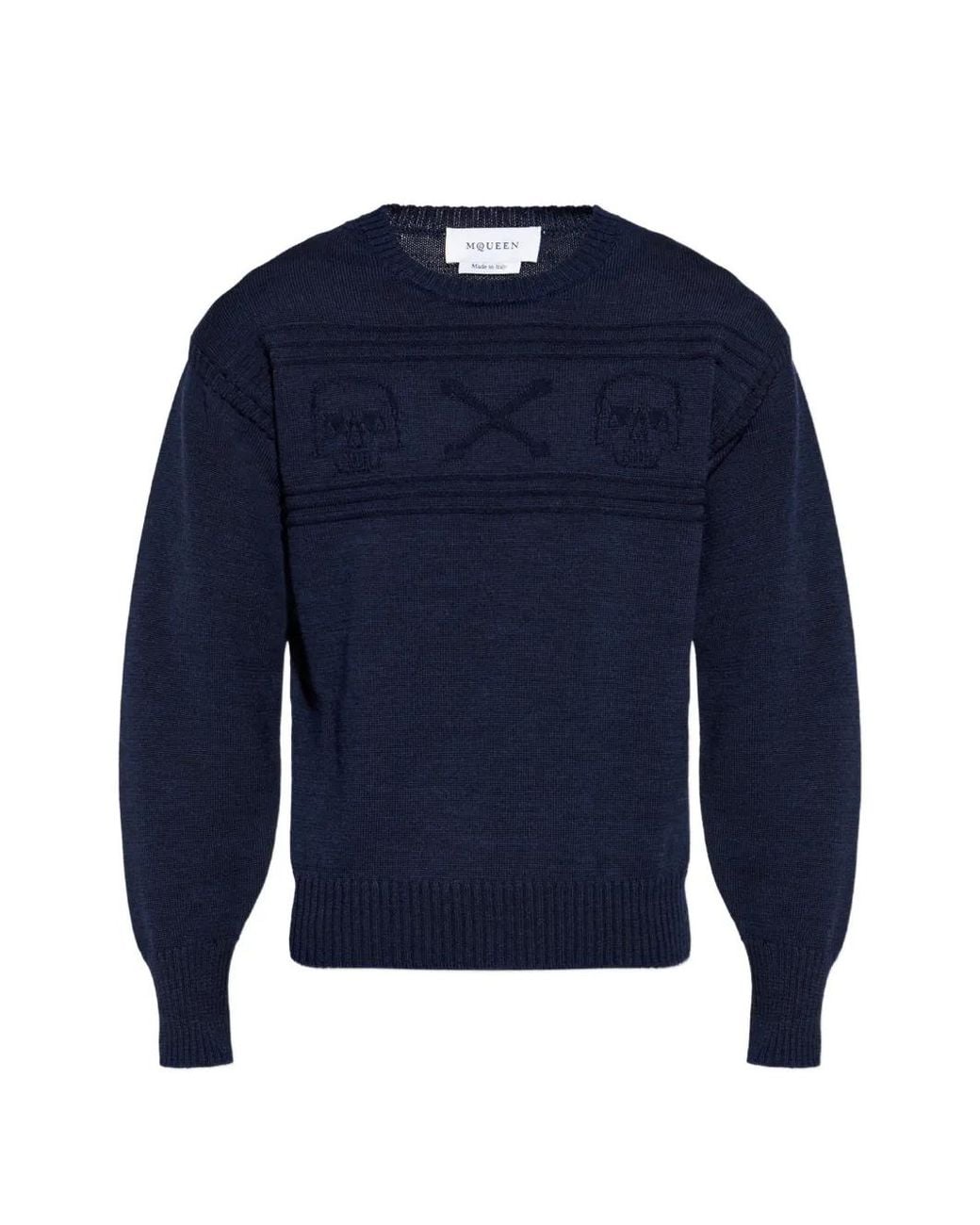 McQueen Blue Skull-Intarsia Wool Sweater for men