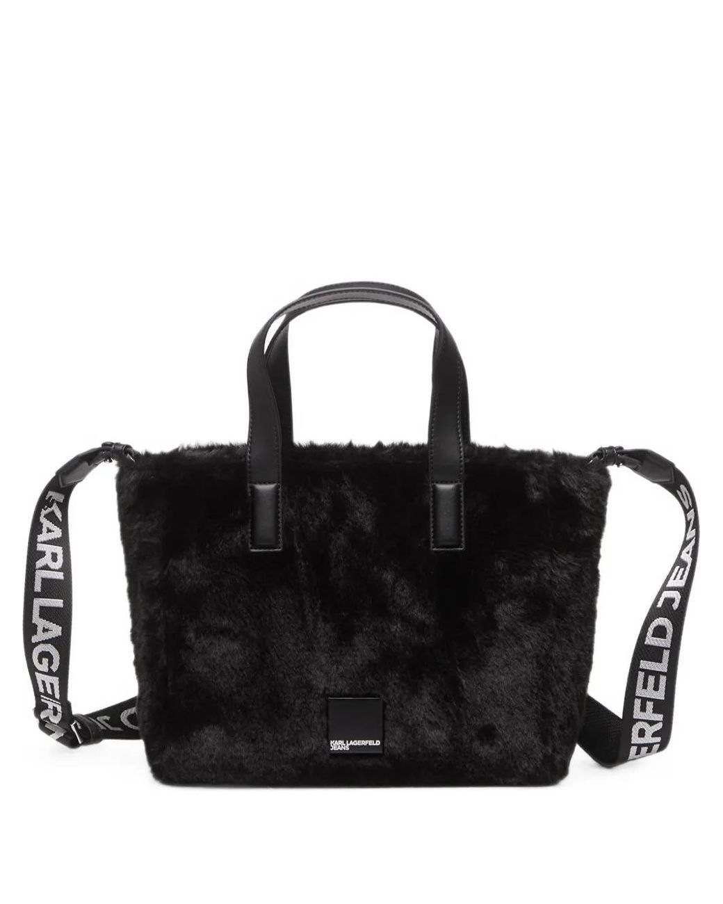 Karl Lagerfeld Black Faux-Fur Logo-Strap Tote Bag