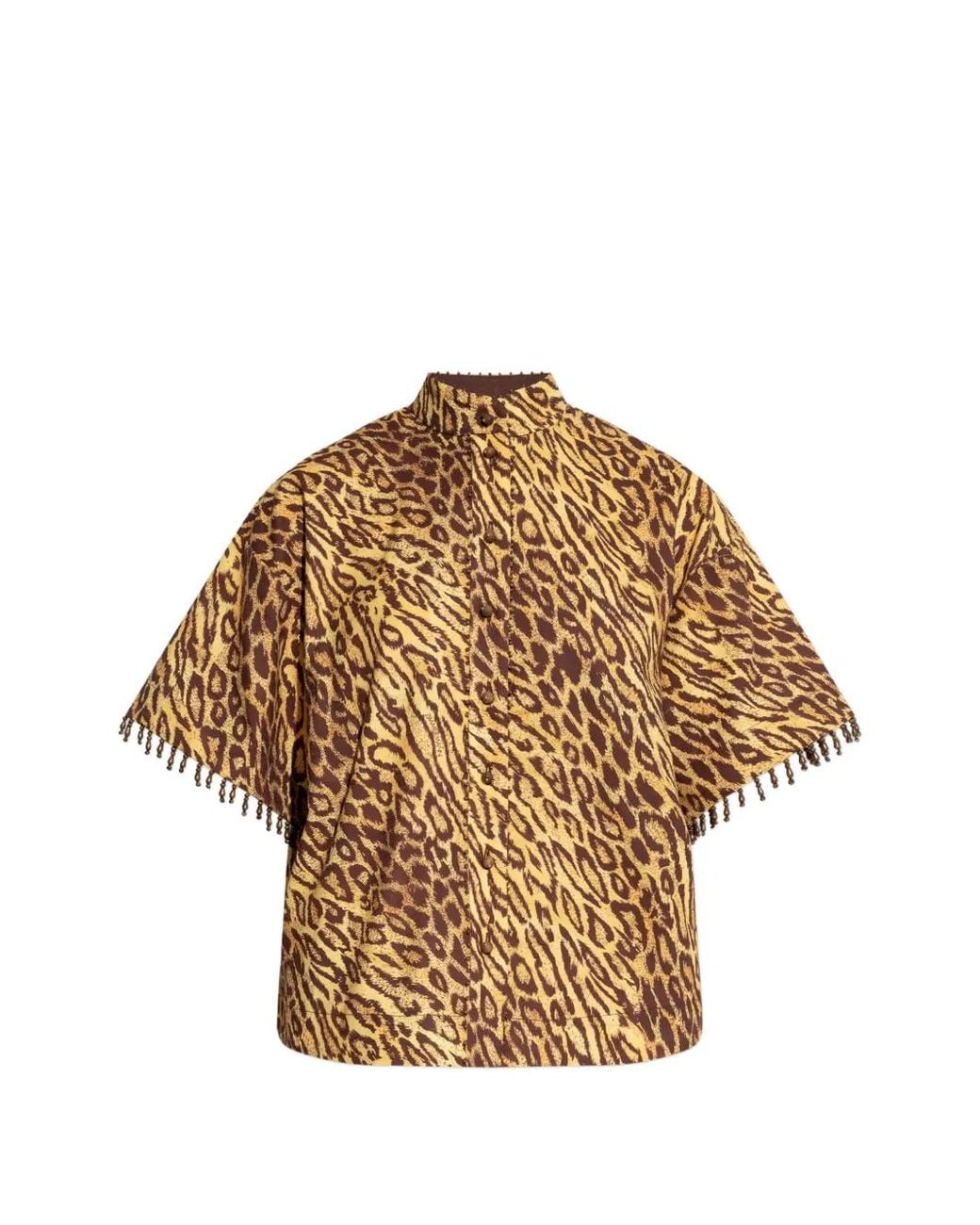 Zimmermann Metallic Leopard-Print Beaded-Fringe Shirt