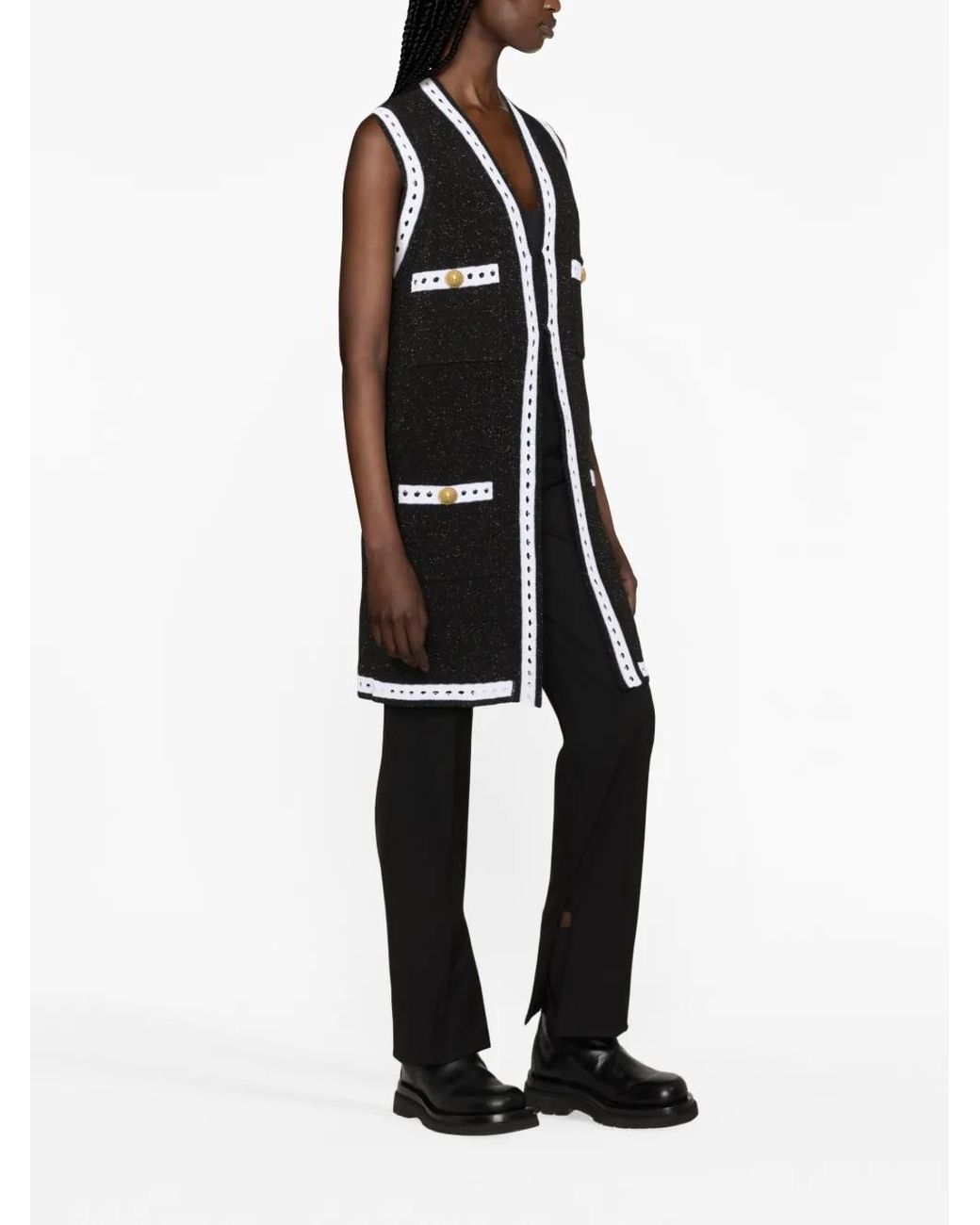 Balmain Black Sleeveless Lace Knit Long Cardigan, 100% Cotton