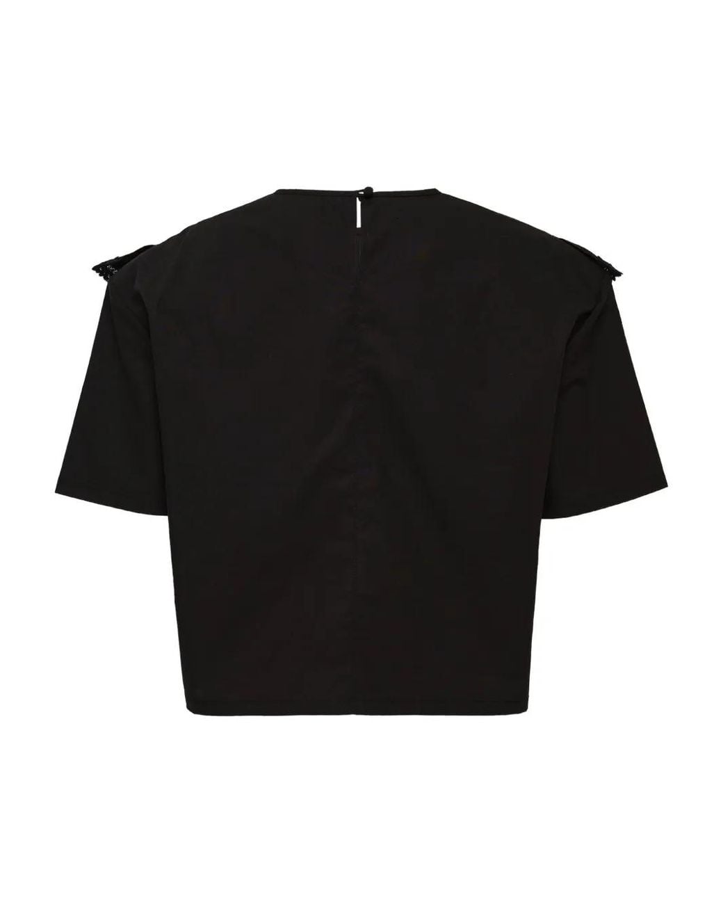 Pushbutton Black Lace-Embellished Ruffle Blouse