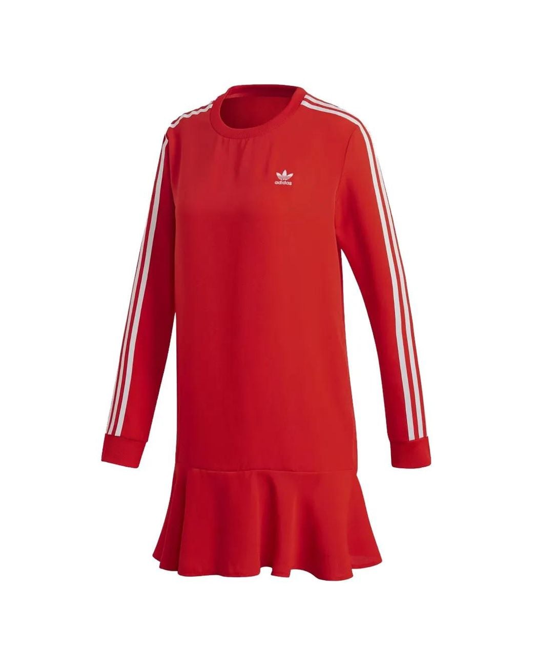 Adidas Red 3-Stripe Long-Sleeve Ruffled Dress