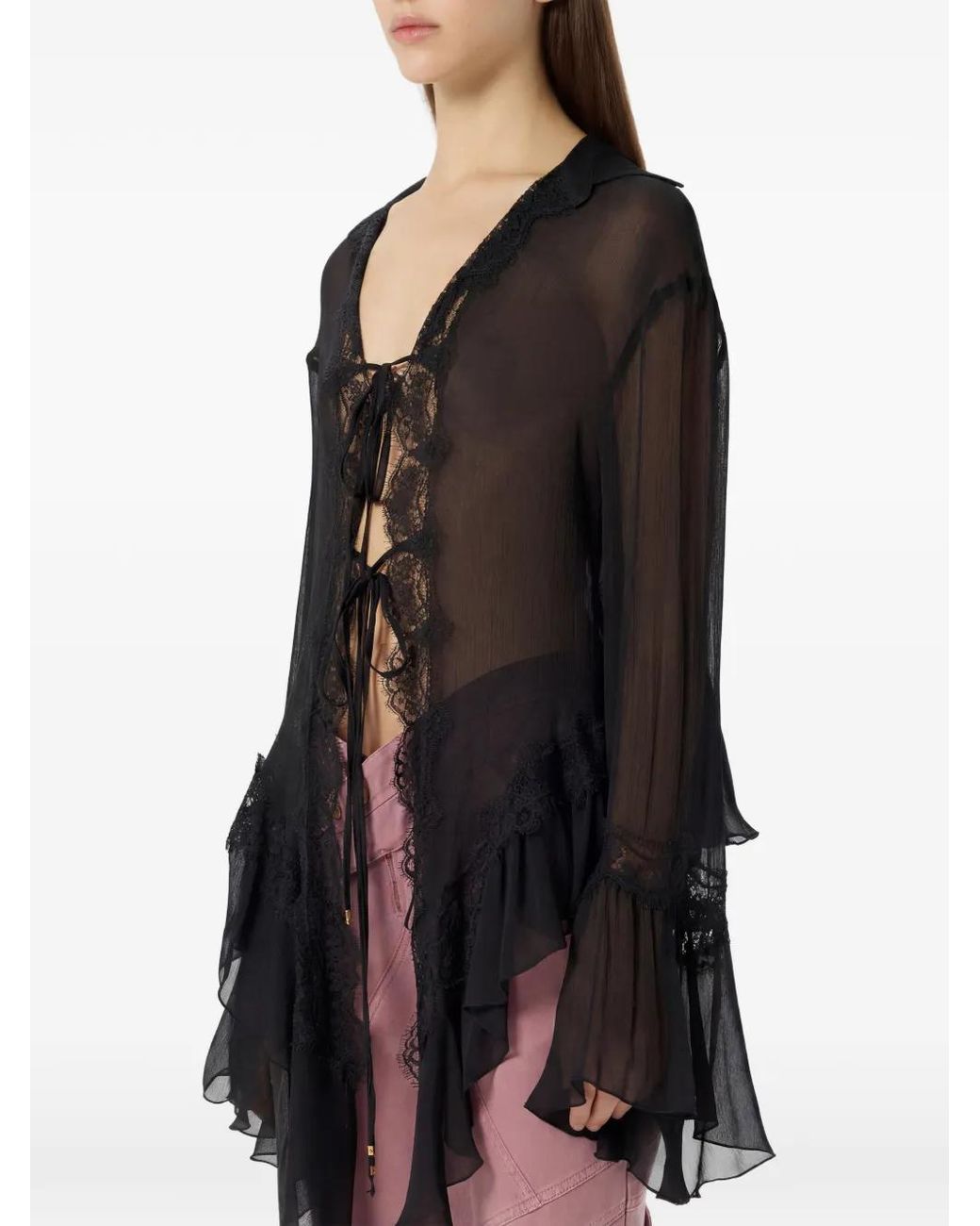 Blumarine Black Lace-Trim Ruffled Shirt