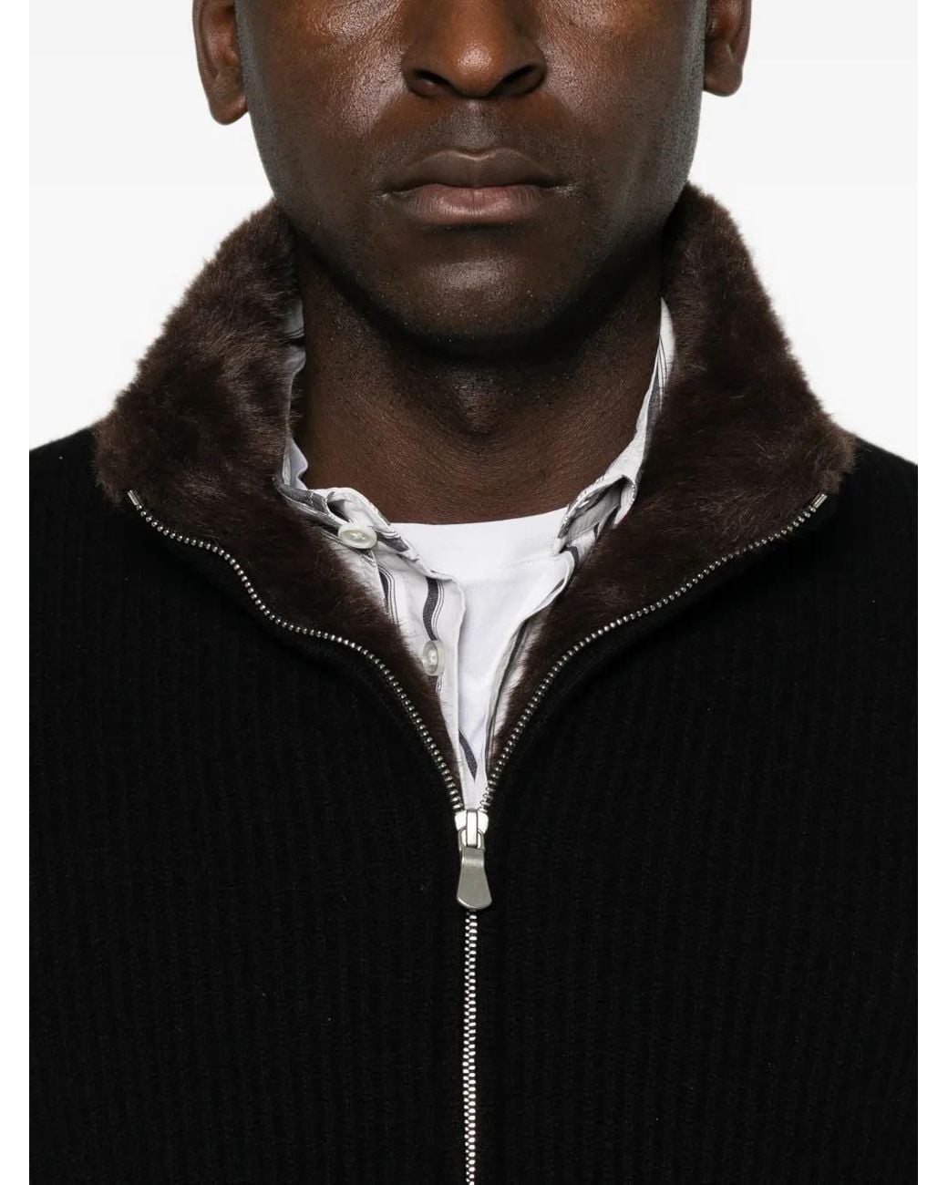 Barba Napoli Black Ribbed-Knit Faux-Fur-Trim Jacket for men