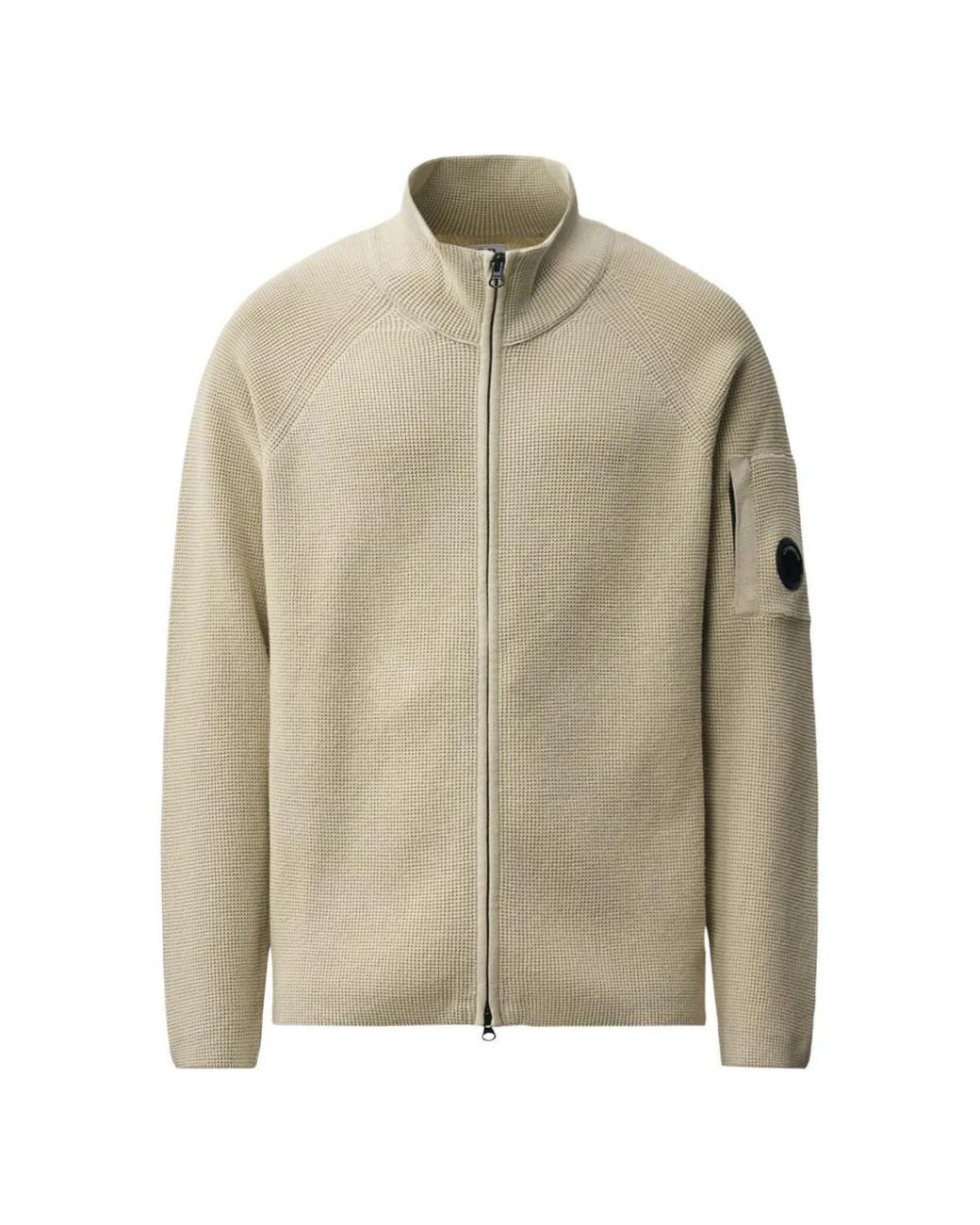 C P Company Natural Waffle Knit Cotton Zip Lens Cardigan for men