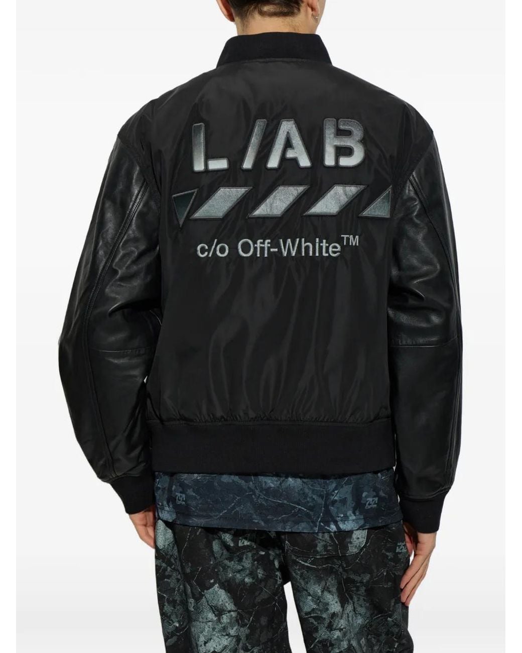 LAB C.O. OFF WHITE Black Leather-Sleeve Logo-Patch Bomber Jacket for men
