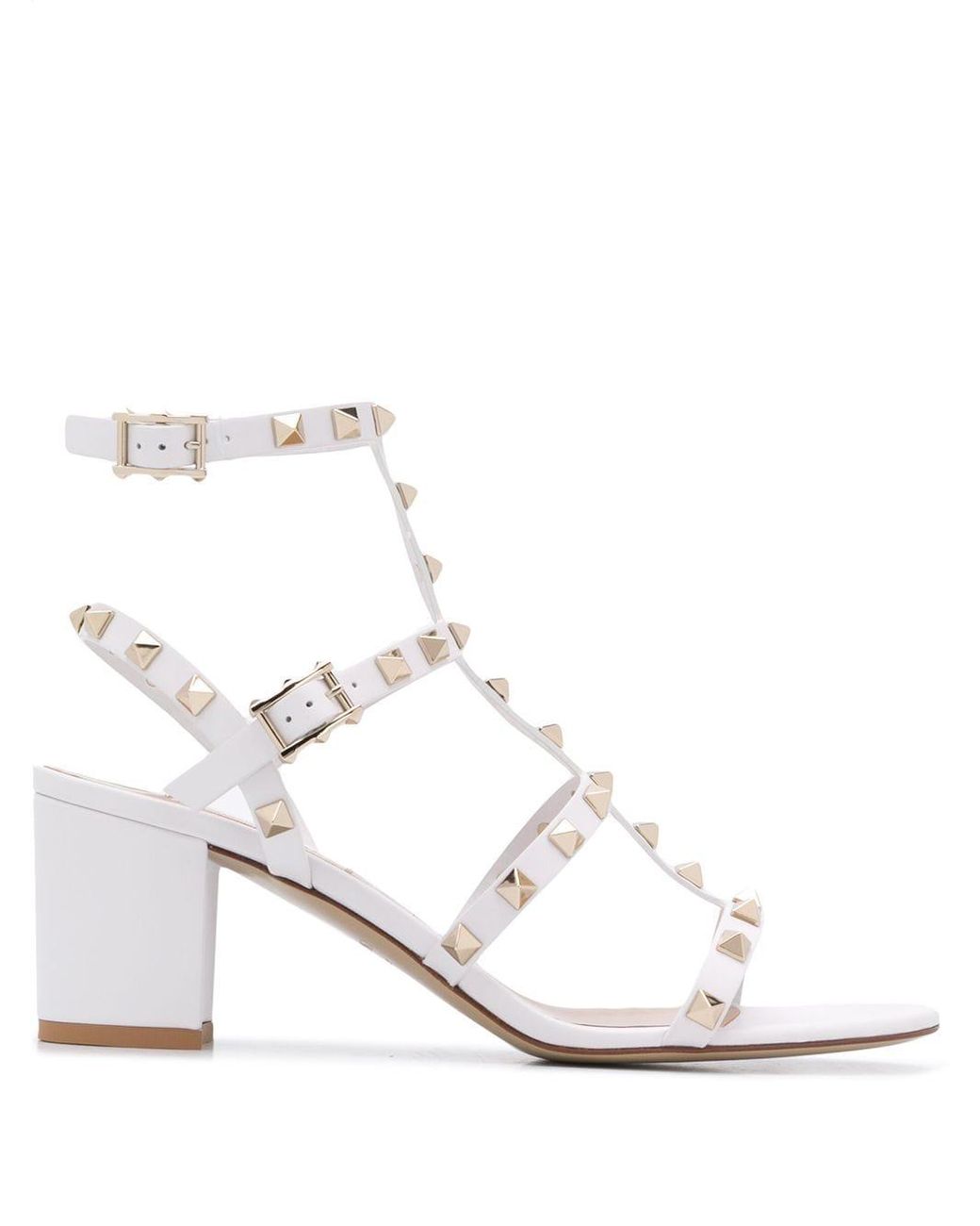 Valentino Garavani Leather Rockstud Caged Mid-heel Sandals in White - Lyst