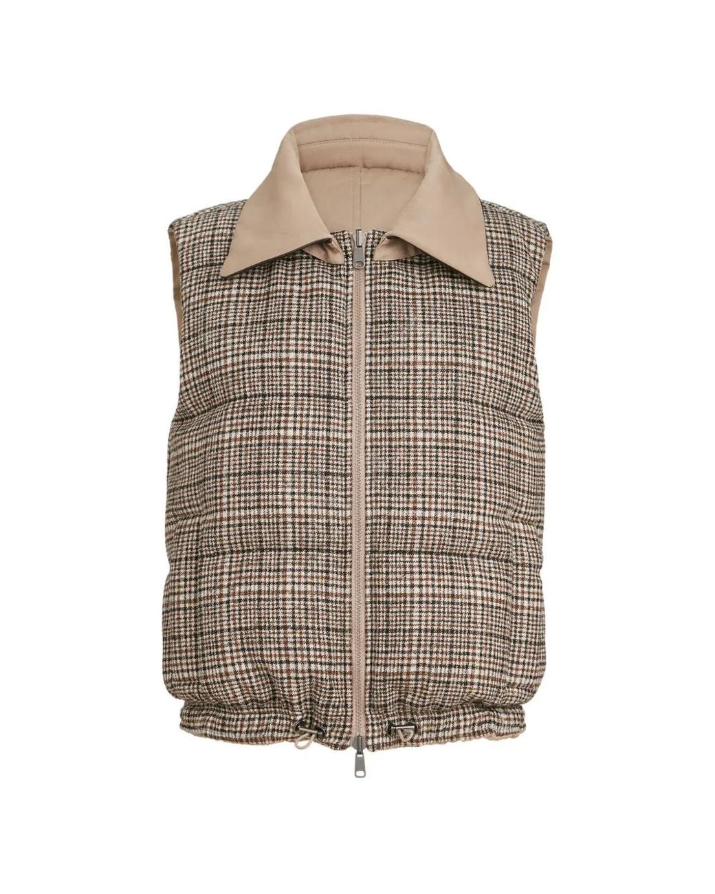Brunello Cucinelli Brown Prince Of Wales Reversible Down Vest With Detachable Leather Collar And Monili