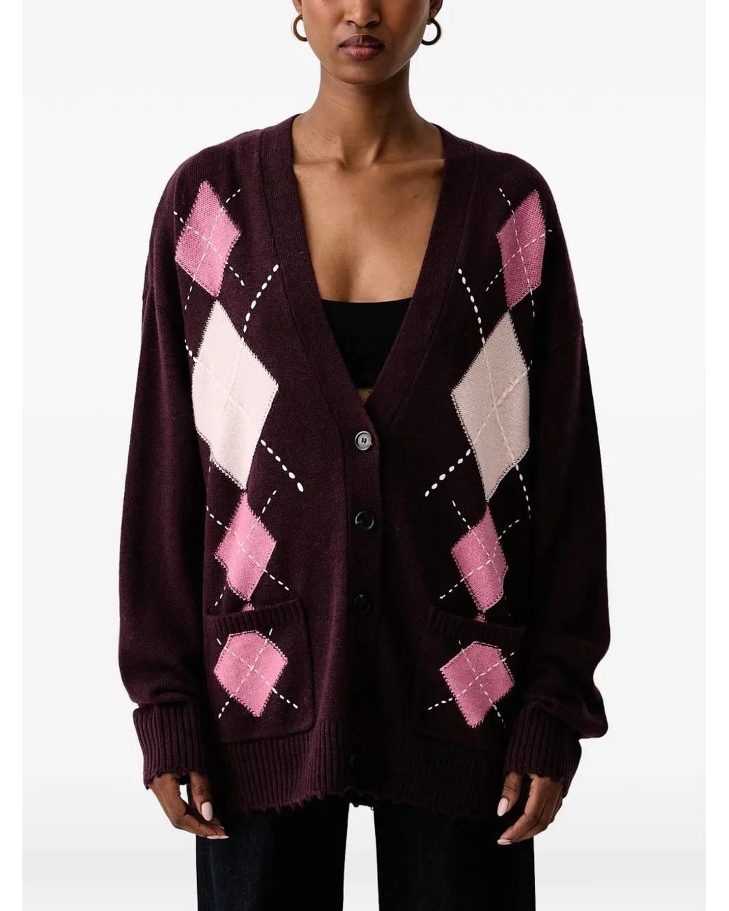 Pinko Black Wool And Cashmere Cardigan With Diamond Motif