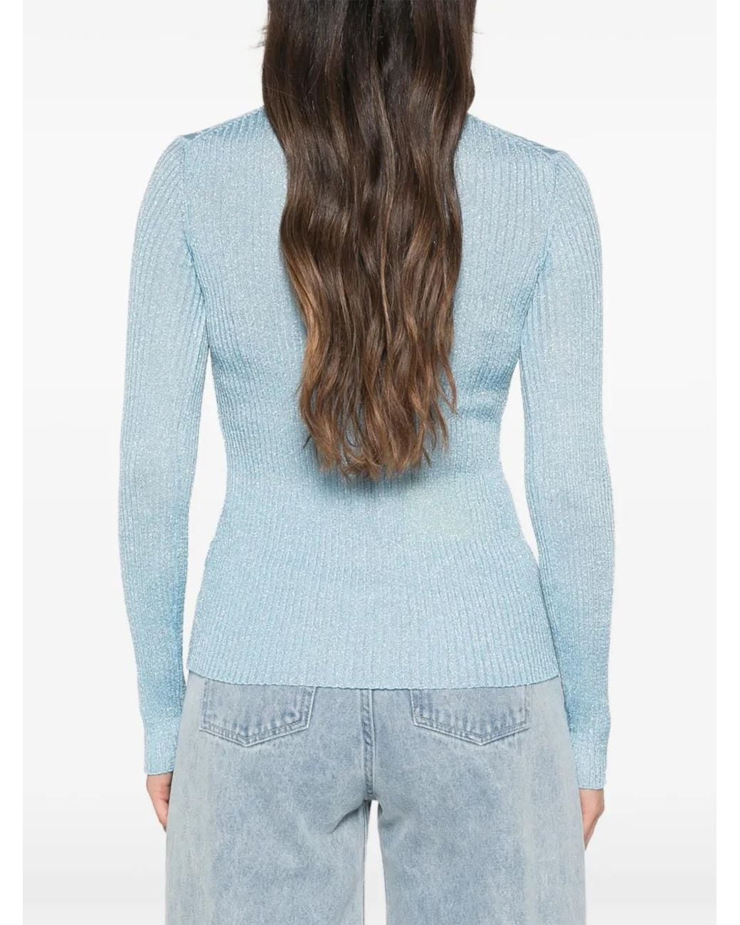 Maje Blue Ribbed-Knit V-Neck Sweatshirt