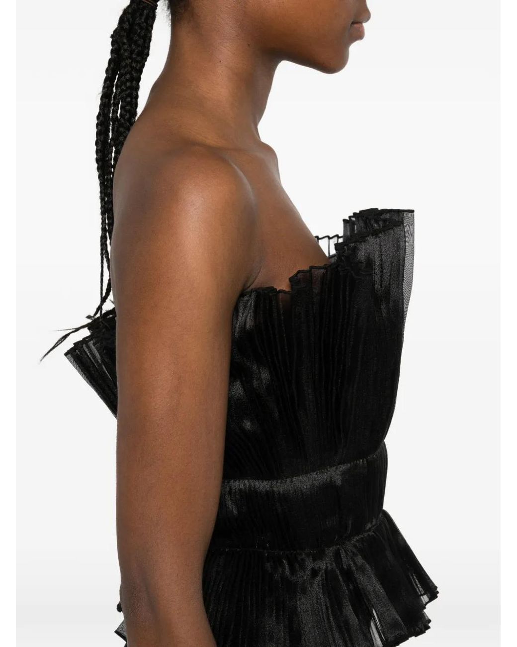 L'idée Black Ruffled Pleated Midi Dress