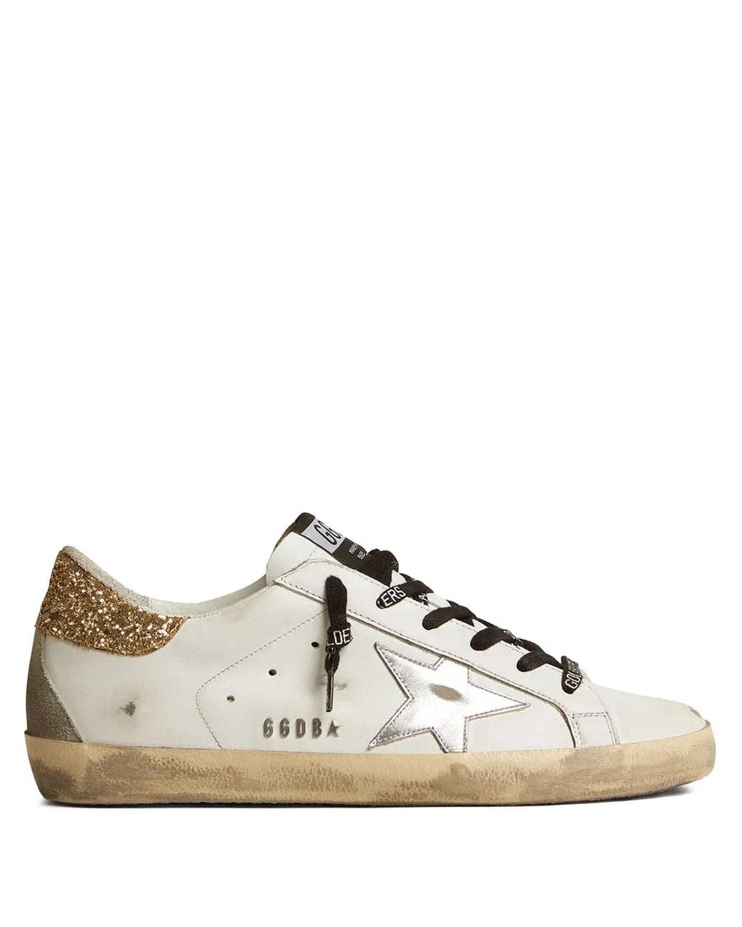 Golden Goose Deluxe Brand White Leather Super-Star Trainers With Glittery Heels Tab