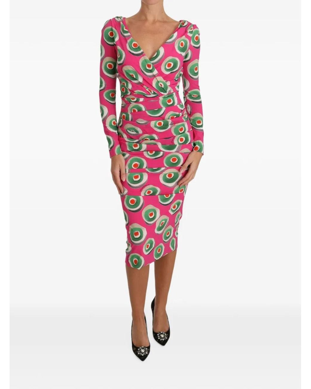 Dolce & Gabbana Red Pastry-Print Ruched Dress