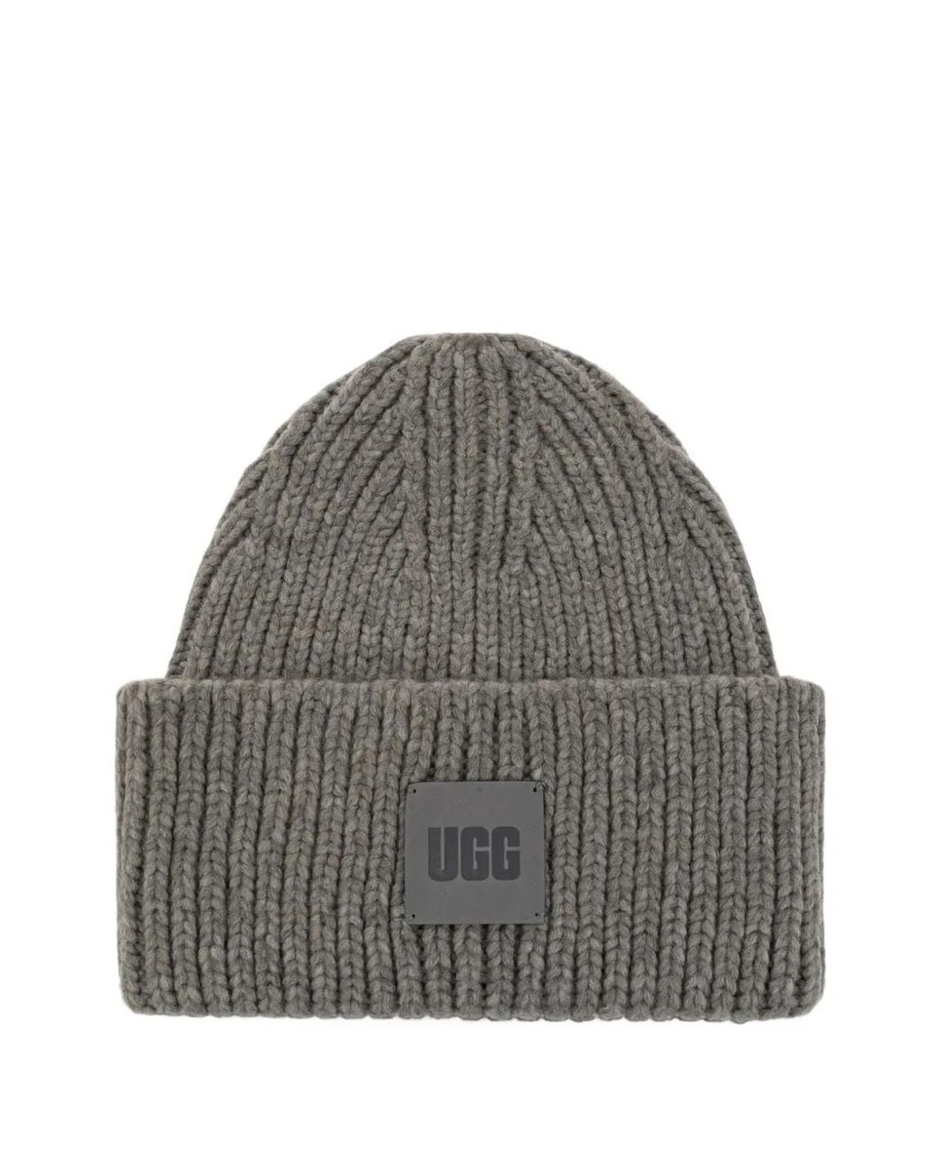 Ugg Gray Logo-Patch Ribbed-Knit Beanie Hat for men
