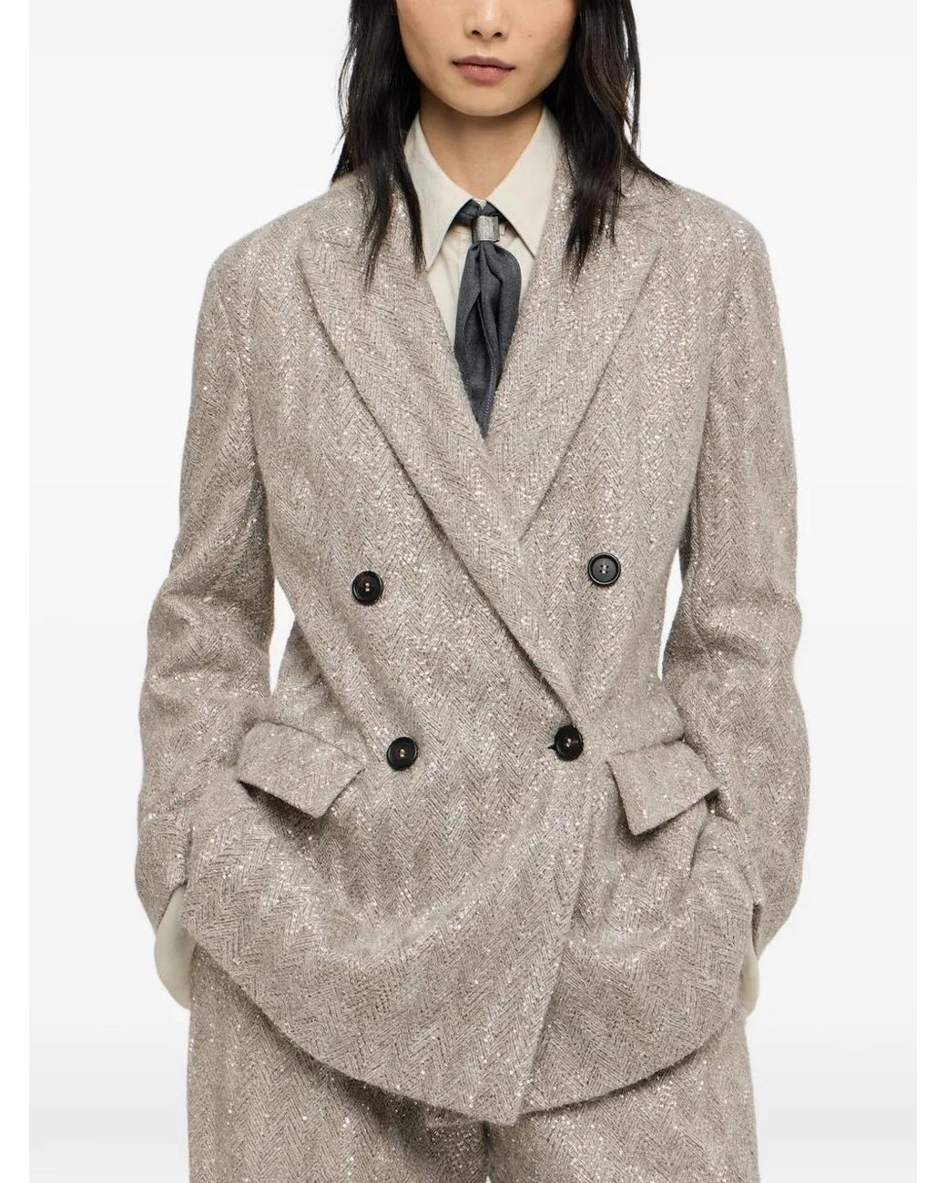 Brunello Cucinelli Gray Dazzling Chevron Embroidery Blazer