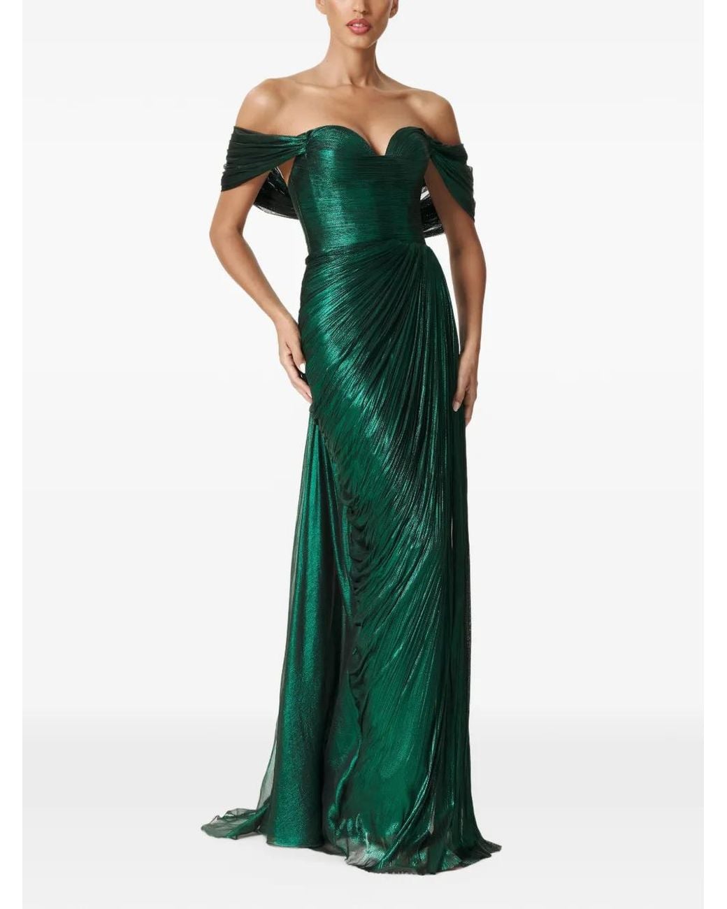 IRIS SERBAN Green Off-Shoulder Ruched Gown