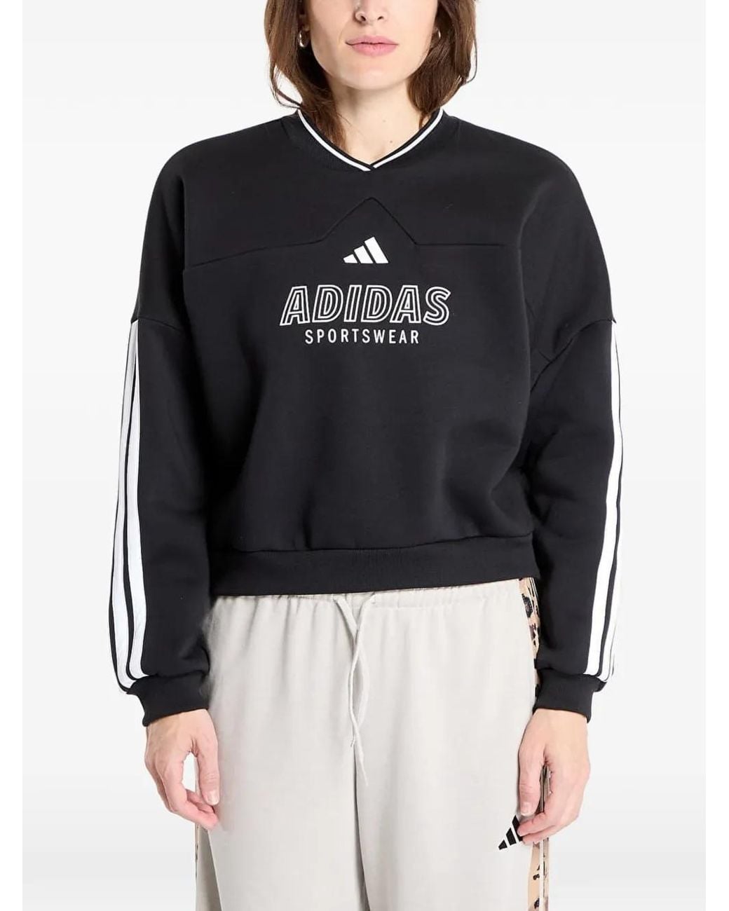 Adidas Black Logo-Print Side-Stripe Sweatshirt