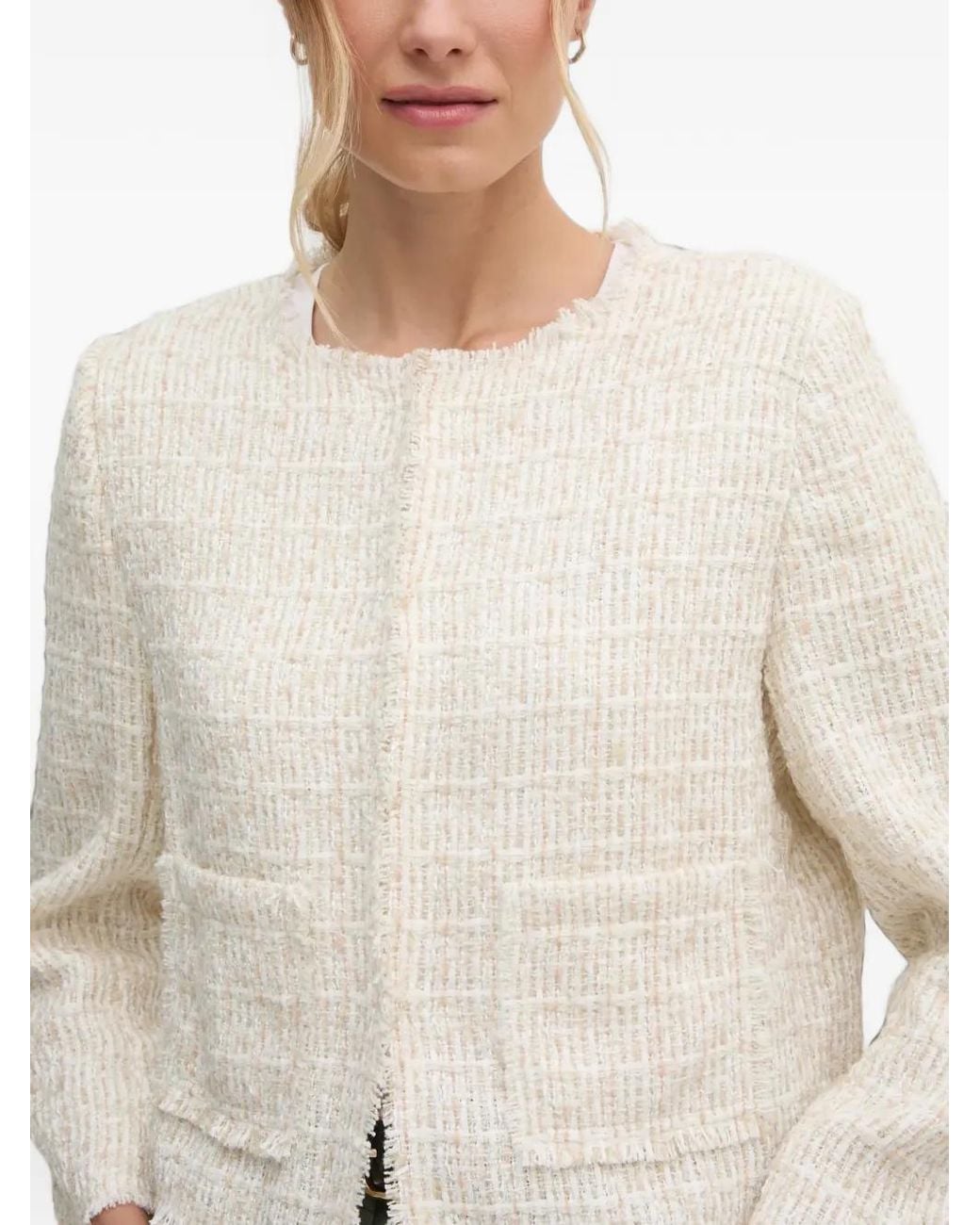 DKNY White Bouclé Frayed-Edge Jacket