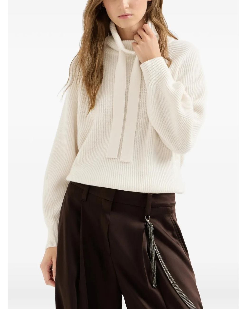 Brunello Cucinelli White Cashmere English-Rib Turtleneck Sweater With Ribbon