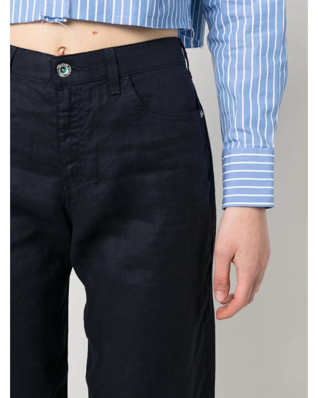 Emporio Armani Blue Straight-Leg Linen Trousers