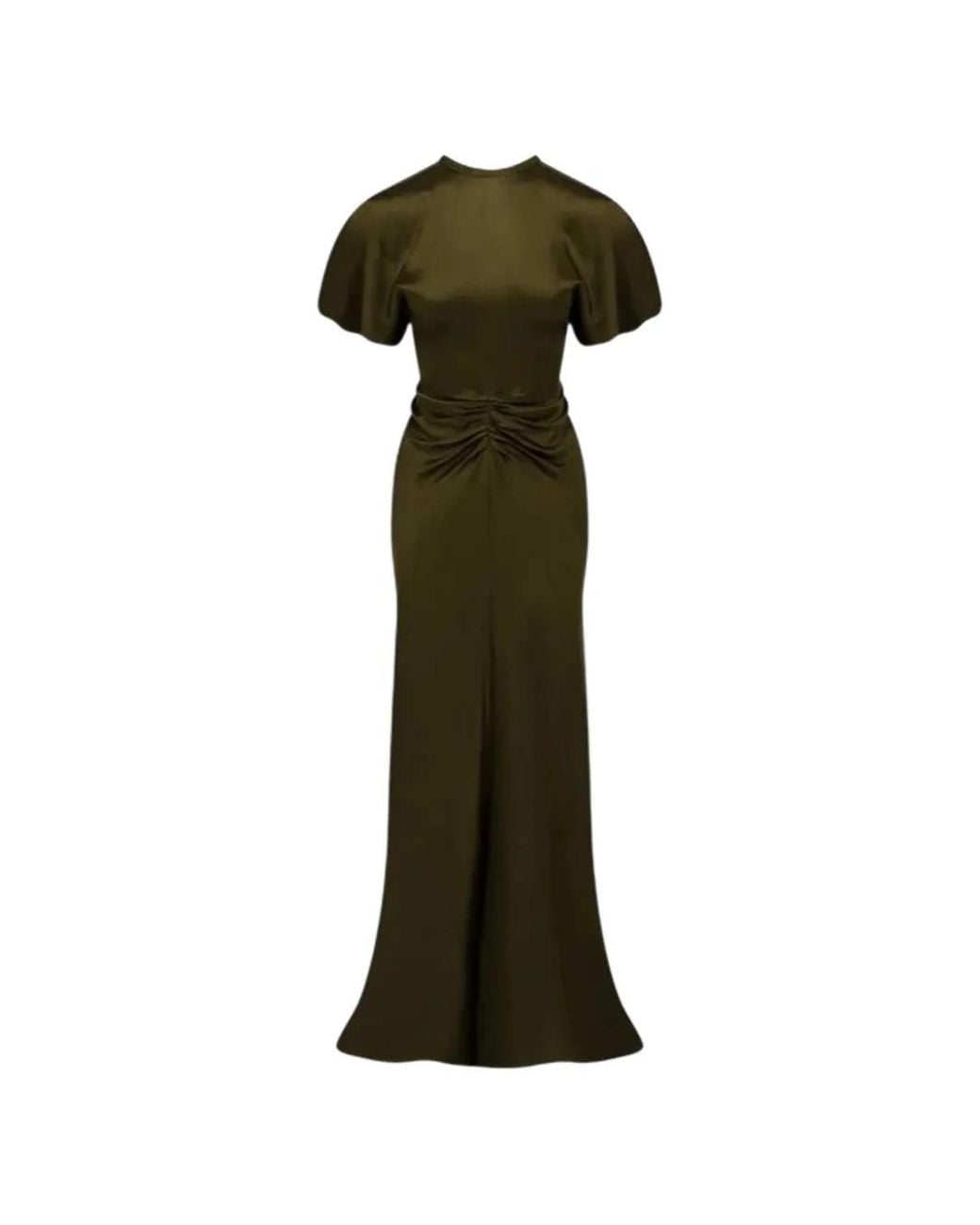 Victoria Beckham Green Isabella Marsh Crepe-Back Satin Gathered Maxi Dress With Short Tulip Sleeves