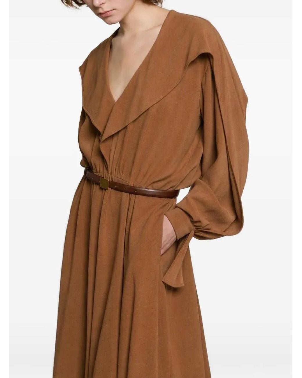 Alberta Ferretti Brown Cape-Collar Gathered Maxi Dress