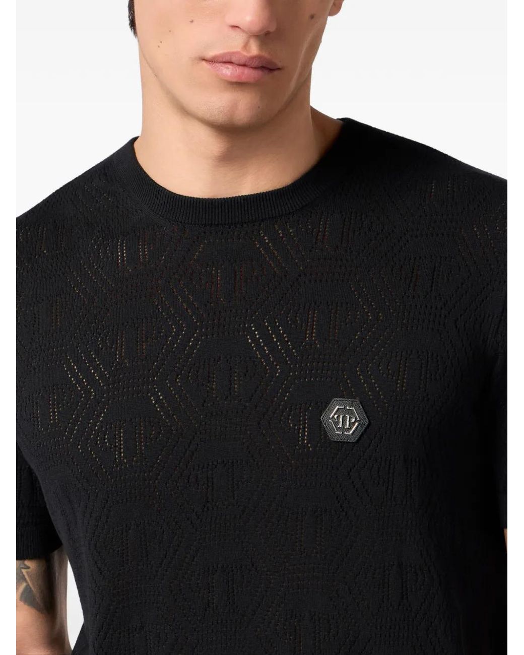Philipp Plein Black Monogram-Pattern T-Shirt for men