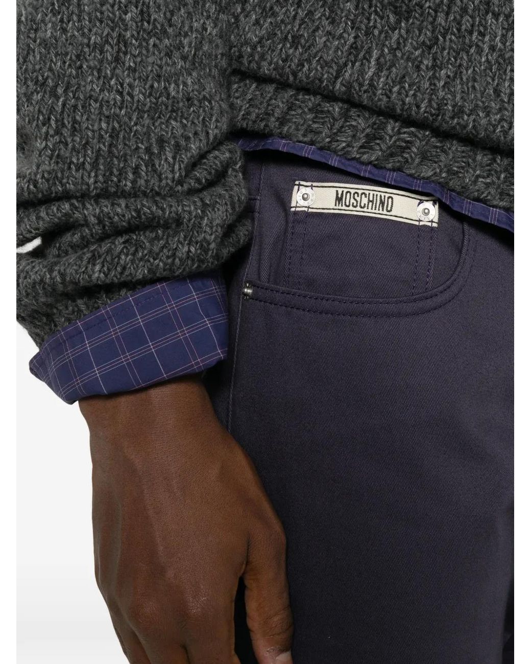 Moschino Blue Logo-Patch Straight-Leg Trousers for men