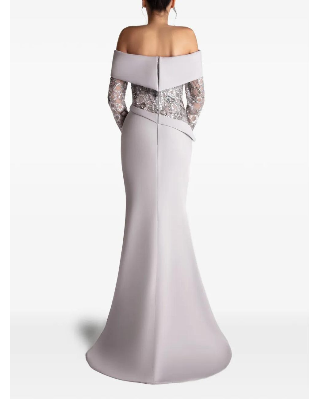 Gatti Nolli by Marwan Gray Off-Shoulder Embroidered Gown
