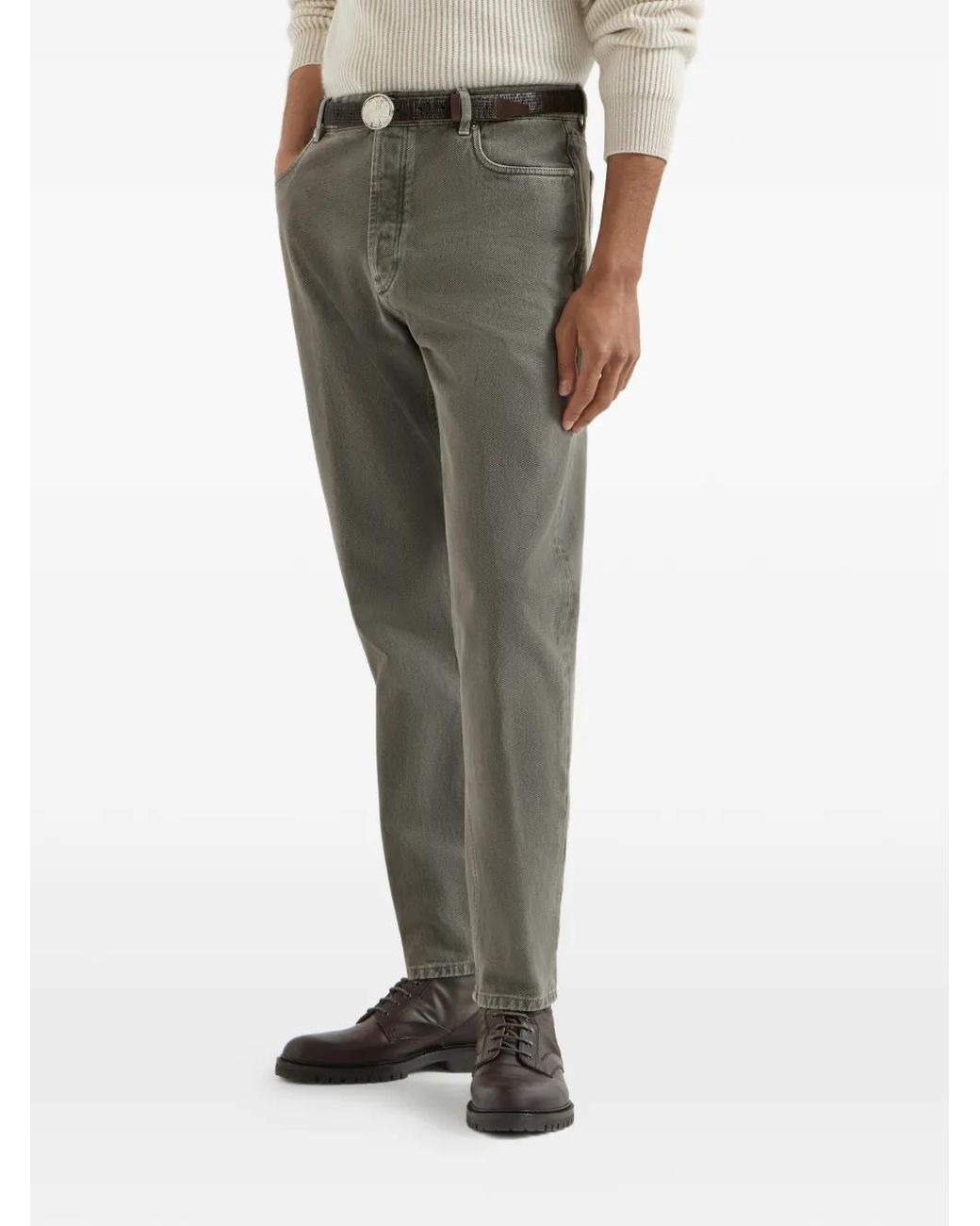 Brunello Cucinelli Gray Garment-Dyed Denim Iconic Fit Five-Pocket Trousers for men