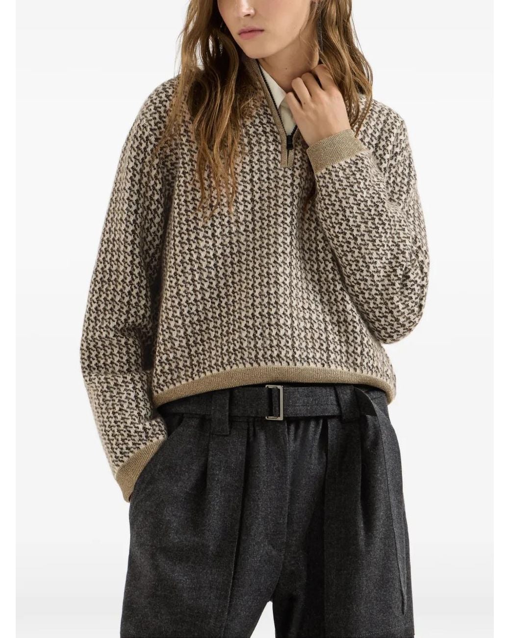 Brunello Cucinelli Gray Houndstooth Half-Zip Sweater