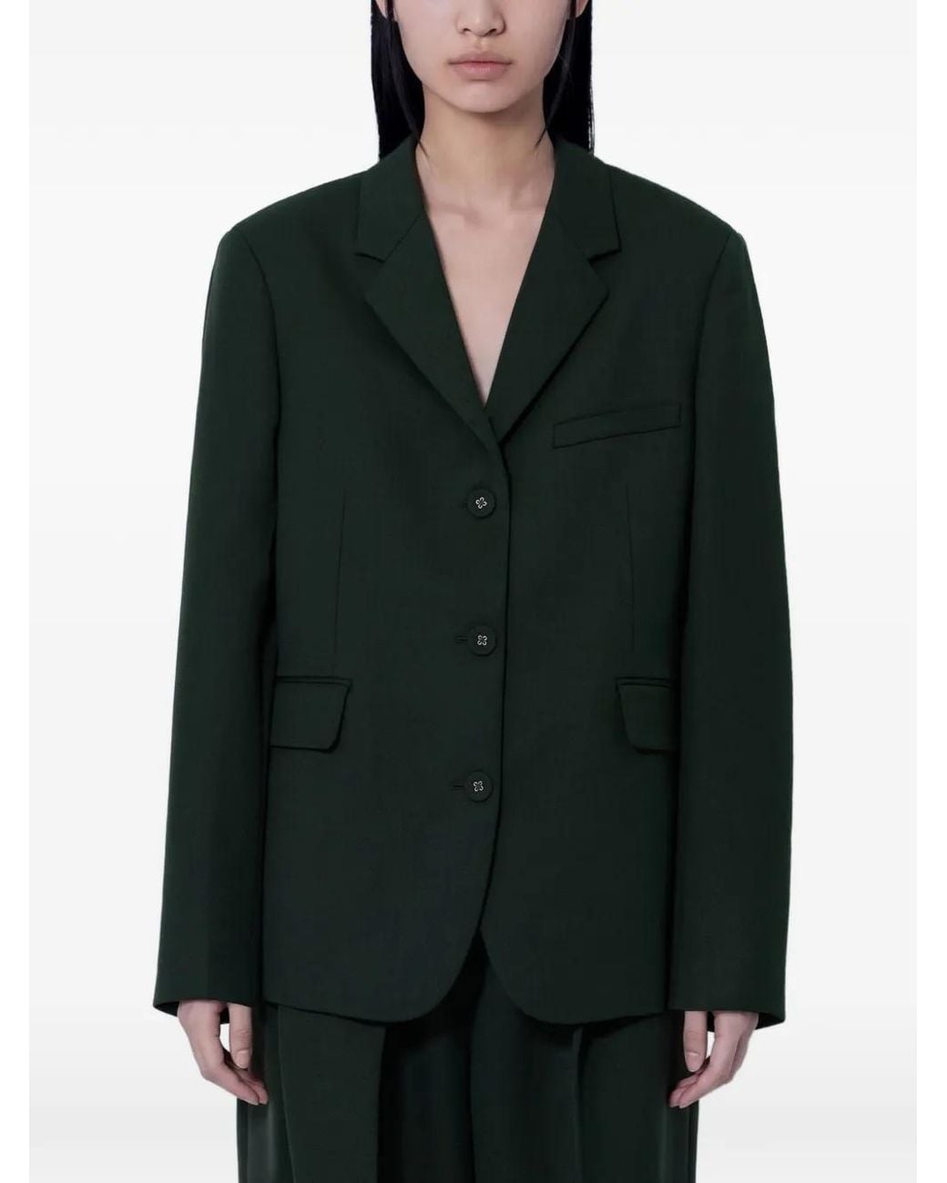 Ganni Green Single-Breasted Notched-Lapels Blazer