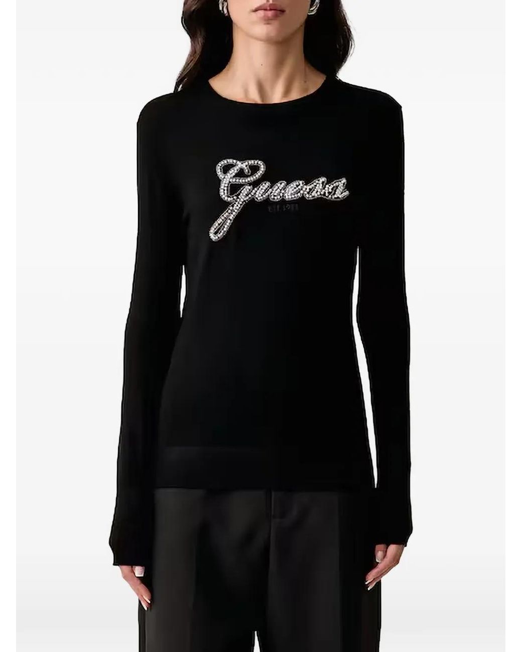 Guess Black Logo-Embellished Long-Sleeve Sweater