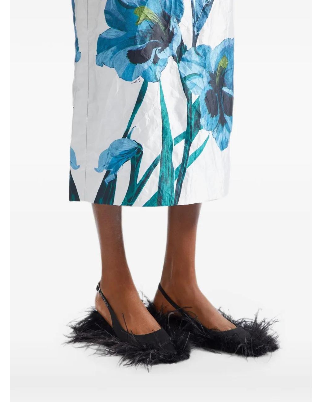 Erdem Blue Floral-Print Textured Midi Skirt