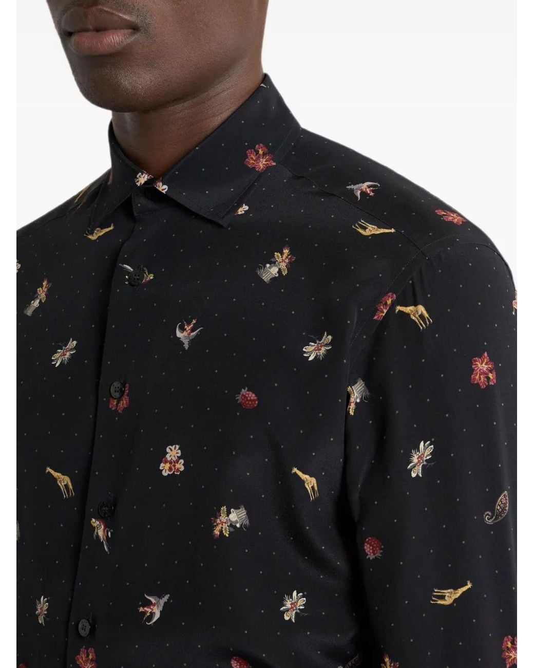 Etro Black Silk Shirt With Micro Flower And Animal Motif for men