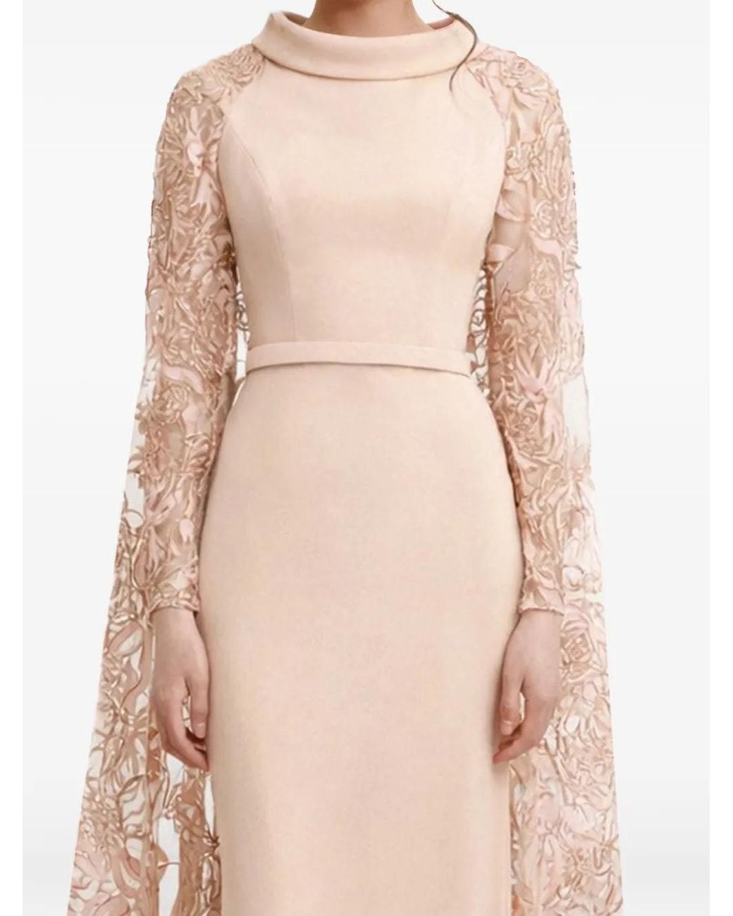 Gemy Maalouf Pink Fold-Over Collar Floral-Lace Dress