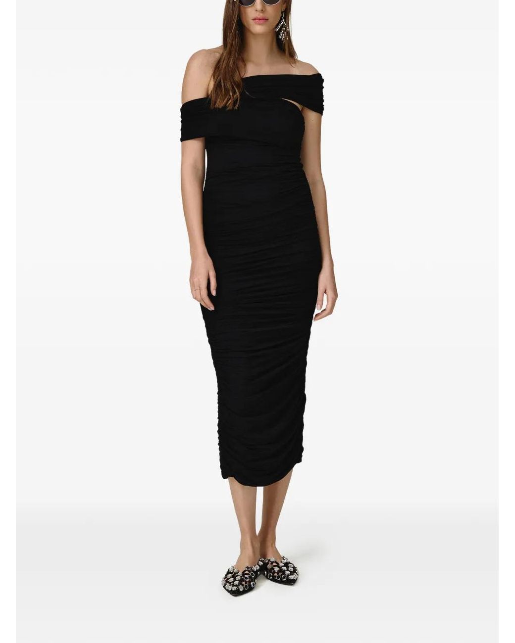 Pink Black Off-Shoulder Gathered Midi Dress