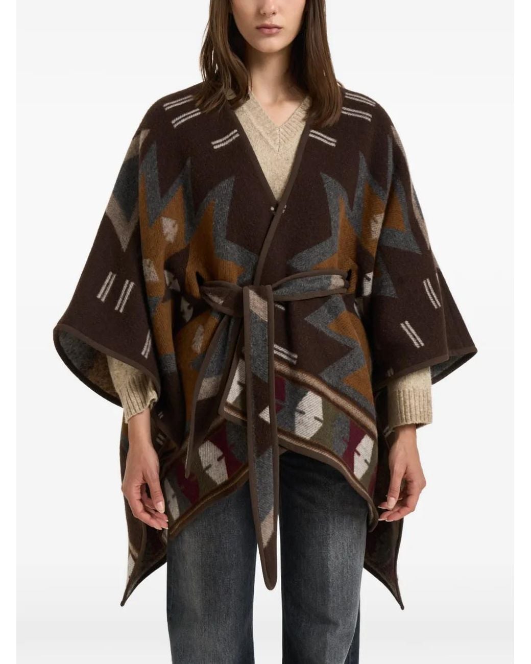 Bazar Deluxe Black Geometric-Pattern Belted Cape