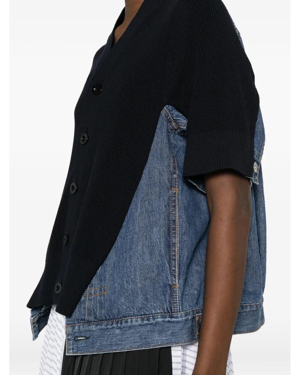 Sacai Blue Panelled Denim-Knit Cardigan