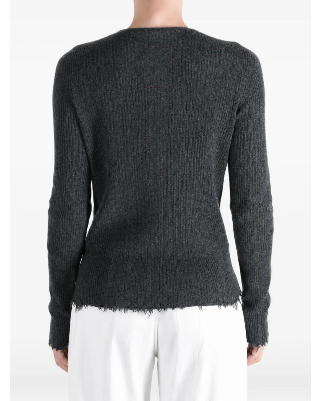 Uma Wang Gray Ribbed-Knit Distressed Sweater