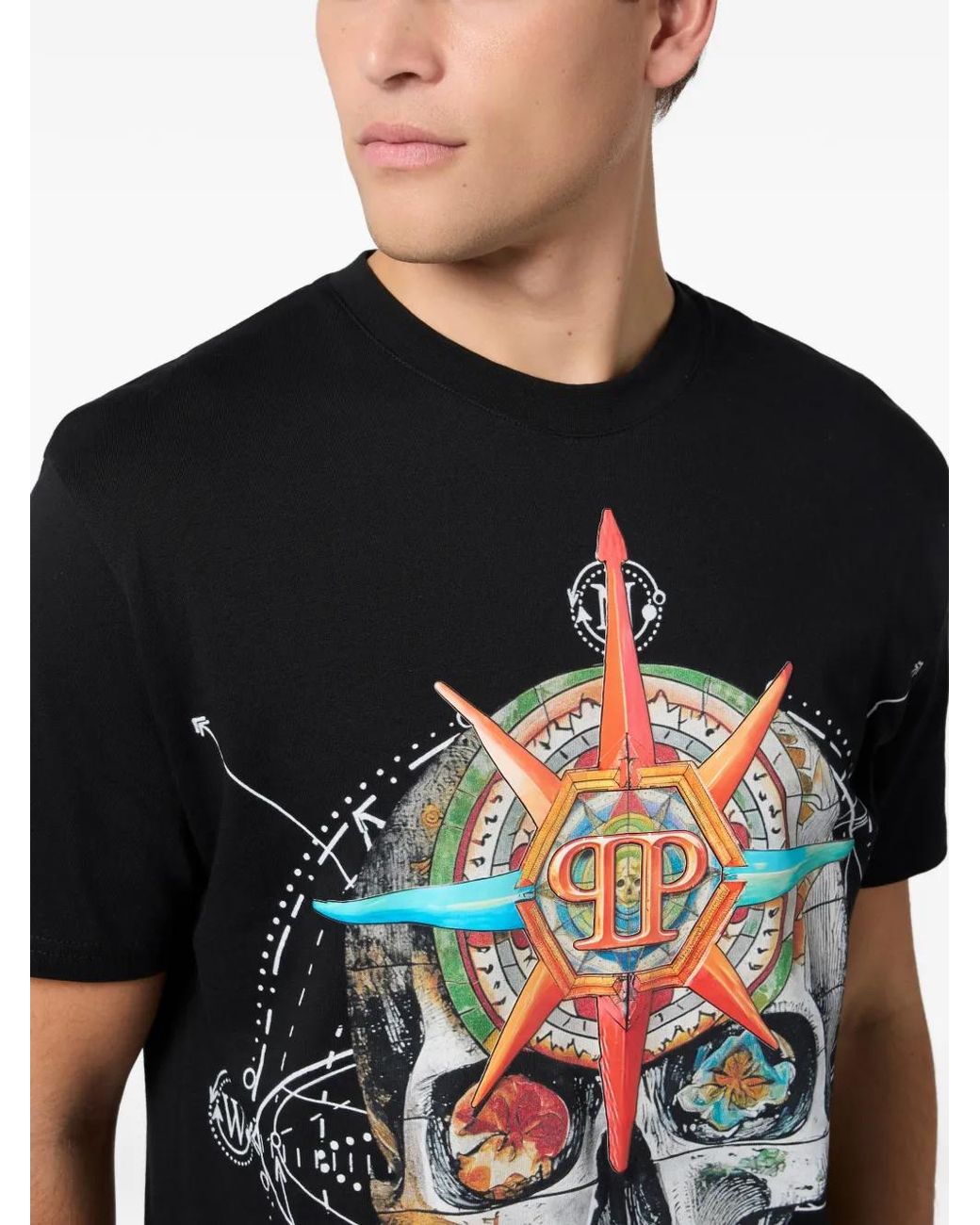 Philipp Plein Black Wind Rose Skull Graphic T-Shirt for men