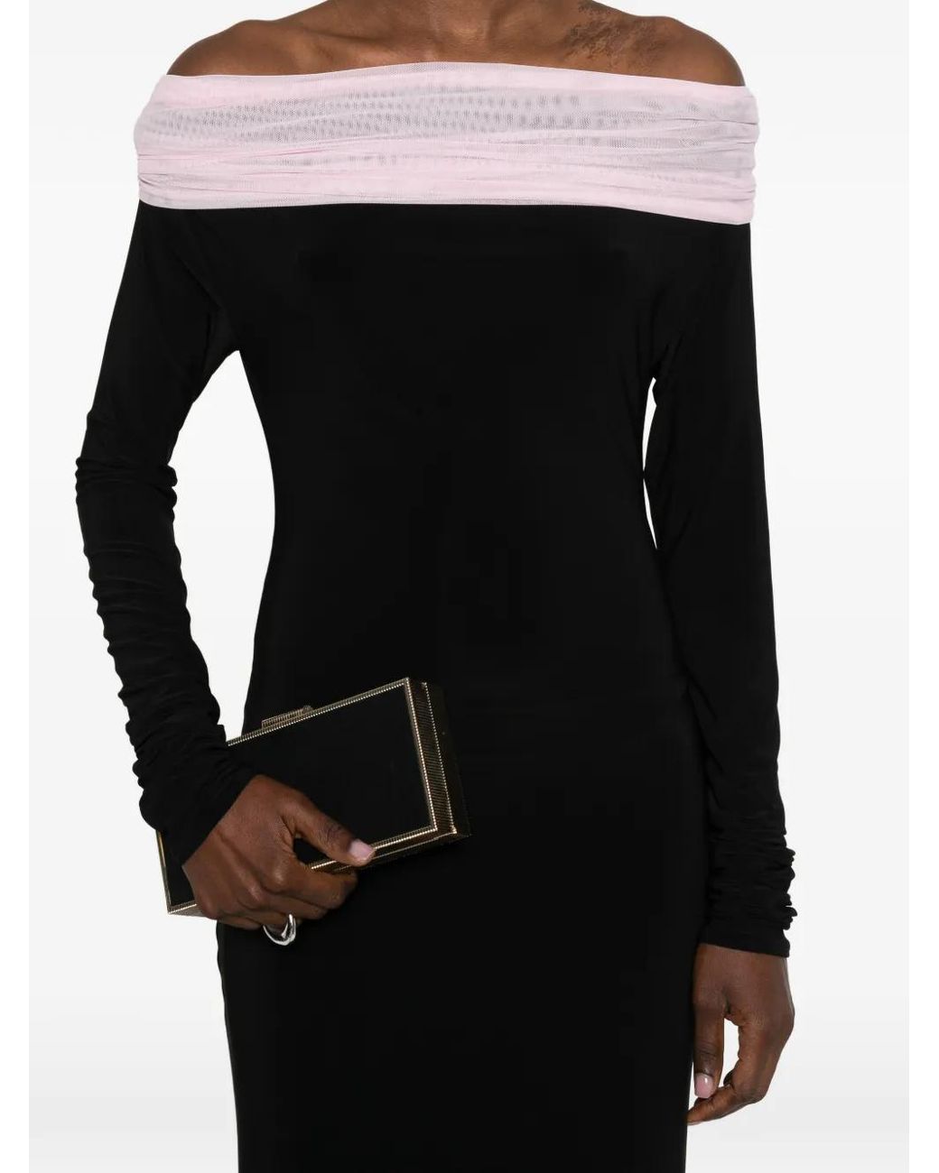 Atu Body Couture Black Robe Longue Crown À Épaules Dénudées Et Manches Longues