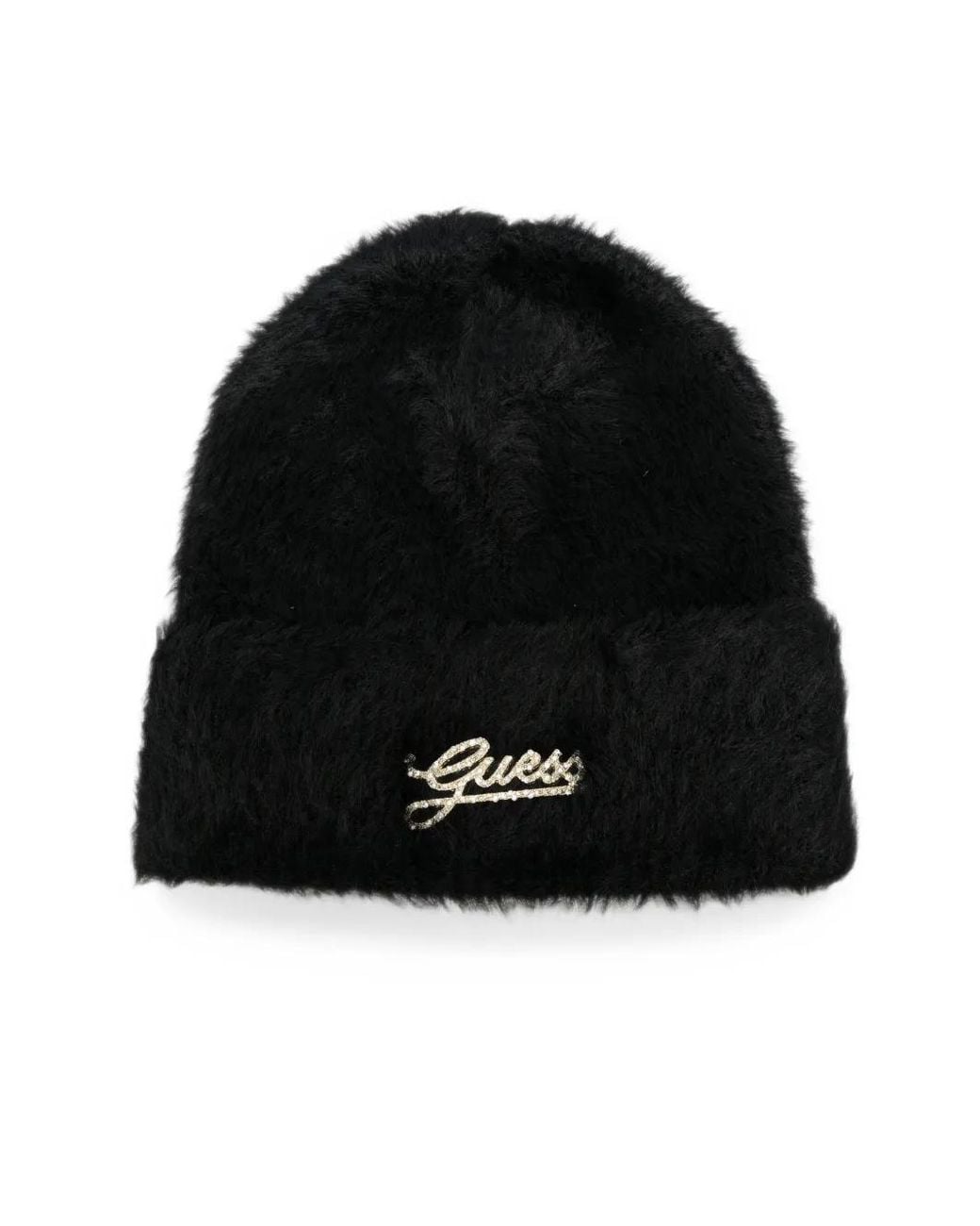 Guess Black Logo-Plaque Faux-Fur Beanie Hat