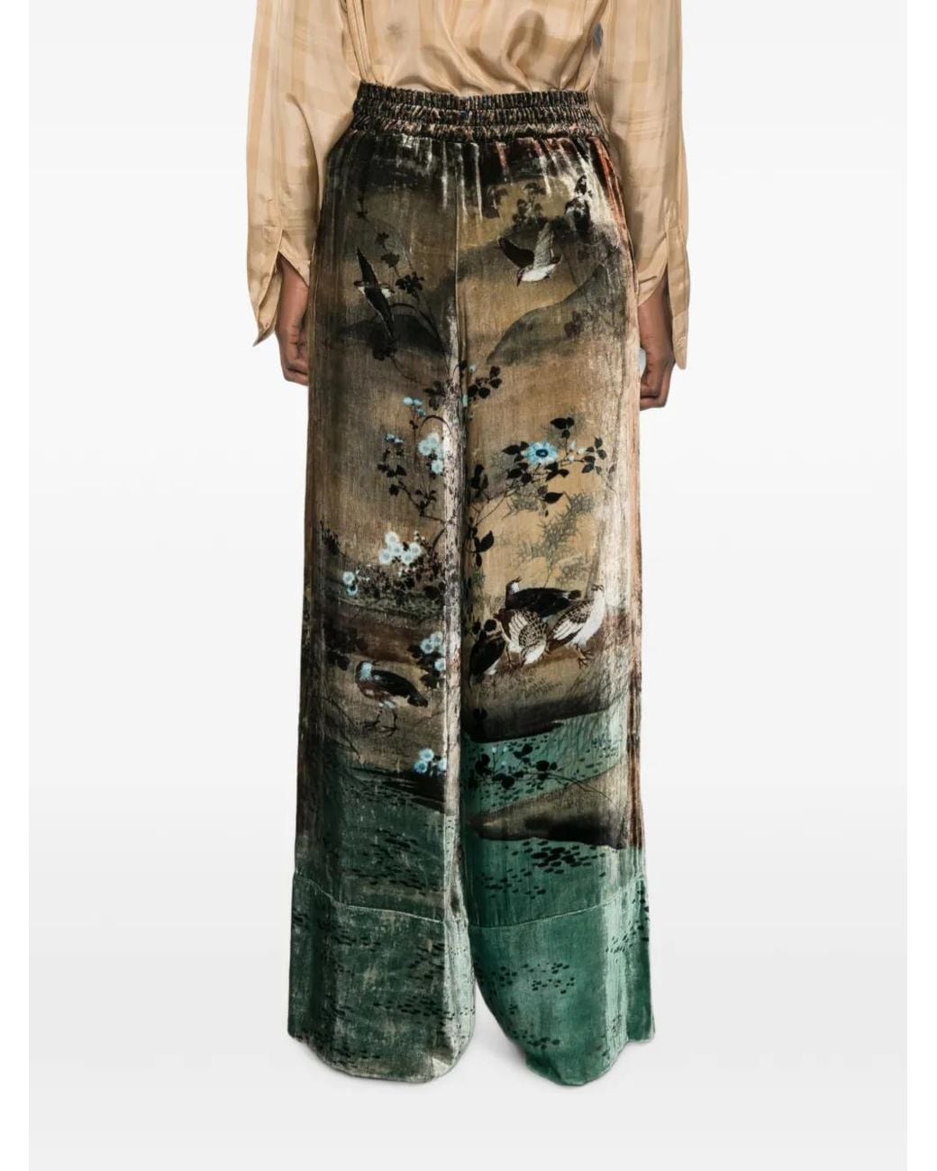 Pierre Louis Mascia Green Velvet-Effect Landscape-Print Trousers