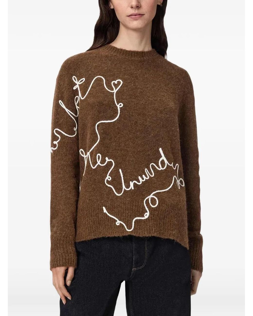 AllSaints Brown Unwind Embroidered Crew-Neck Sweater