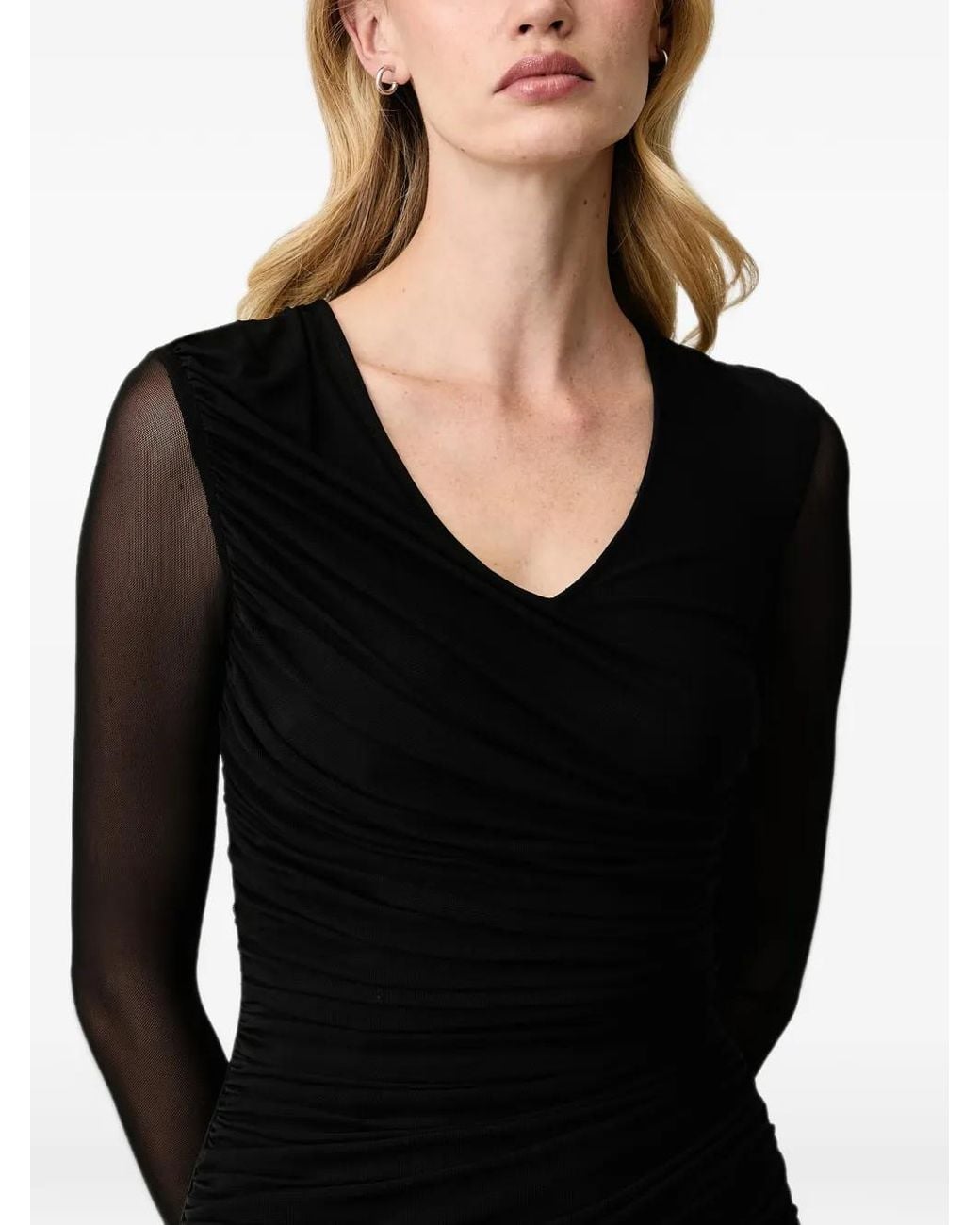 Silvian Heach Black Ruched Mesh-Sleeve Midi Dress