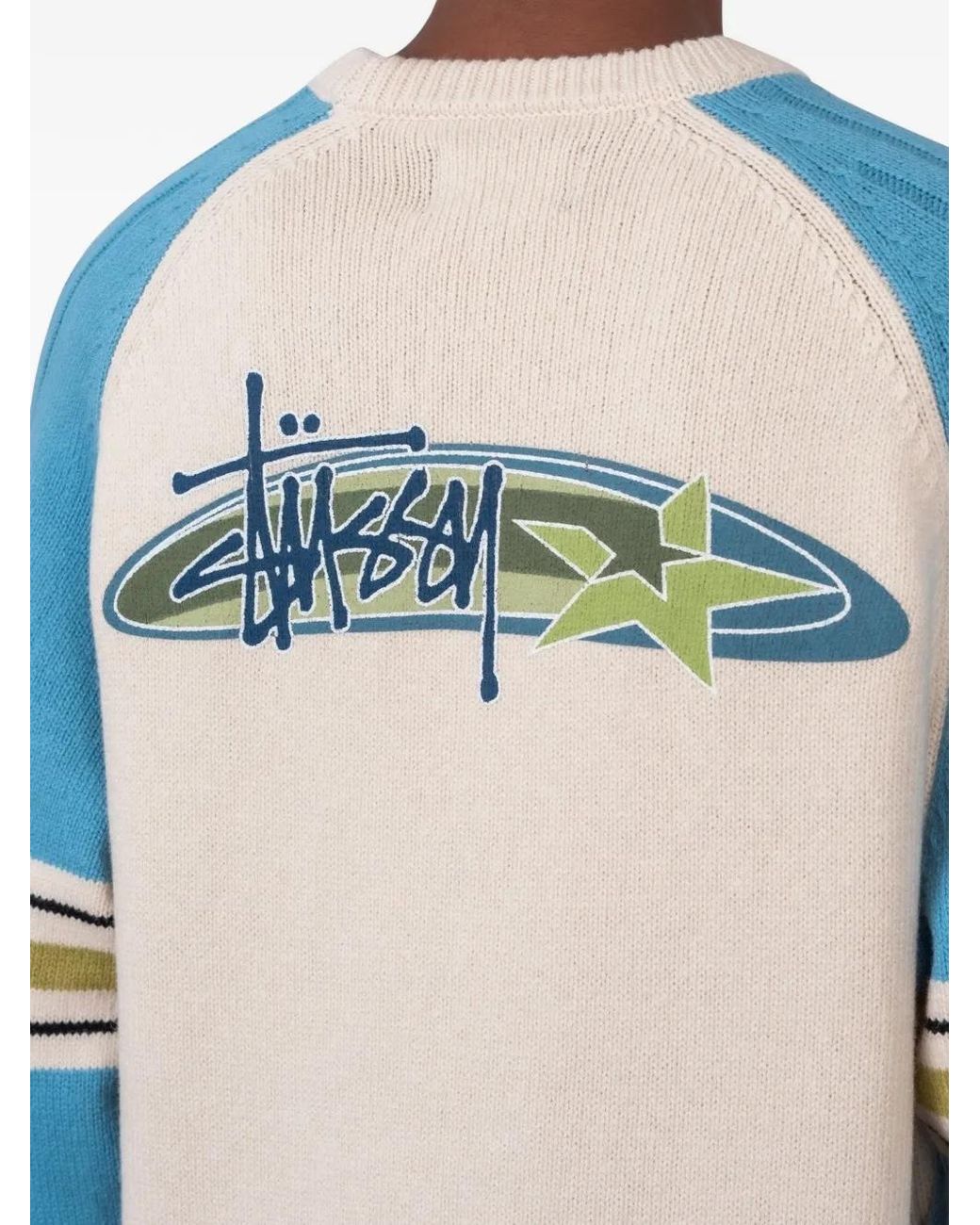 Stussy Blue Logo-Print Raglan-Sleeve Sweater